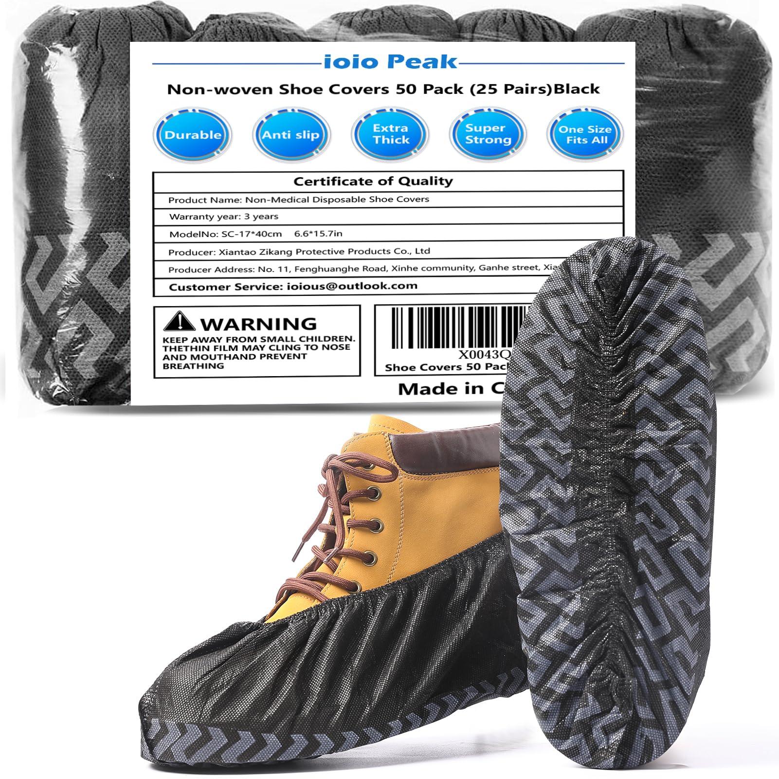 ioiopeak Shoe Covers Disposable 50 Pack (25 Pairs) - Durable, Non-Slip, Water Resistant, and Recyclable Boot Covers for Indoor and Outdoor Use - One Size Fits Most (Non-woven-Black)
