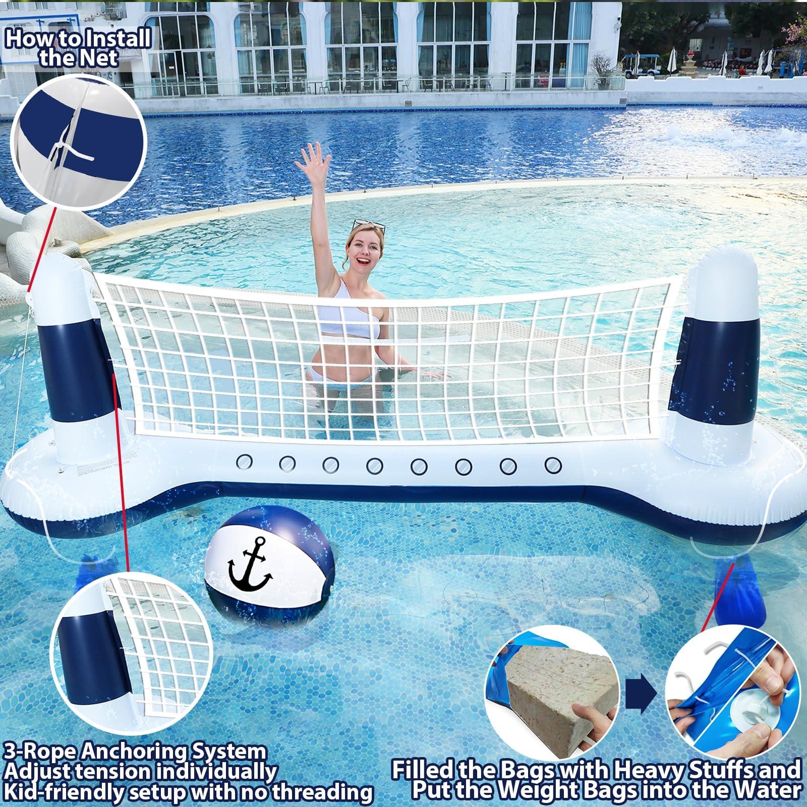 Large Inflatable Pool Games Volleyball Net Pool Float Set with 9" Anchor Ball, 2 Weight Bags & Yacht Design – Floating Swimming Game Toy for Adults & Kids, Perfect for Summer Water Sport Pool Party - Image 4