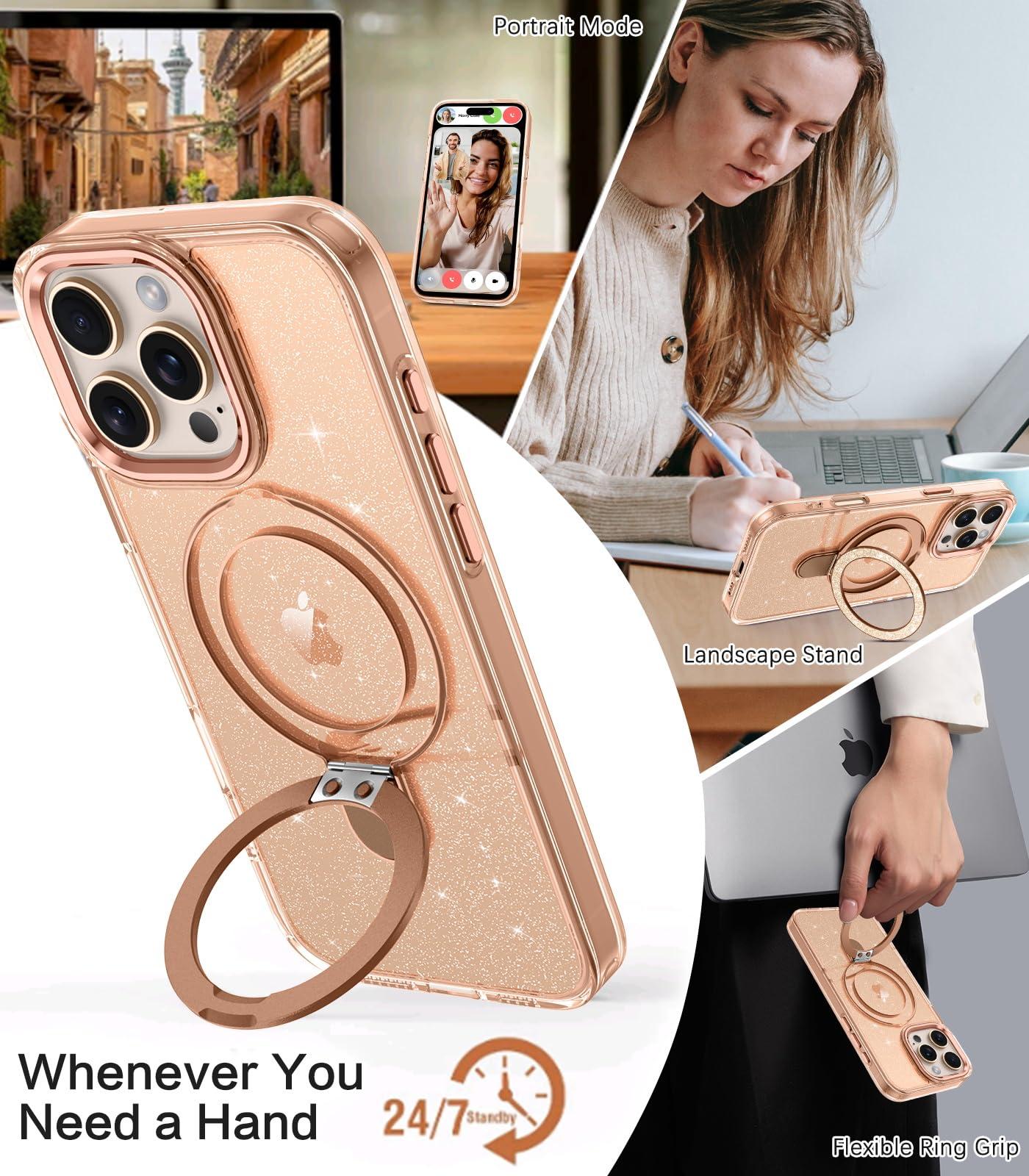 VENINGO iPhone 16 Pro Max Case, Magnetic Slim MagSafe Car Mount Supported Ring Holder Kickstand Sparkle Glitter Not Yellow Shockproof Protective Phone Cover for iPhone 16 Pro Max 6.9", Desert Titanium - Image 3