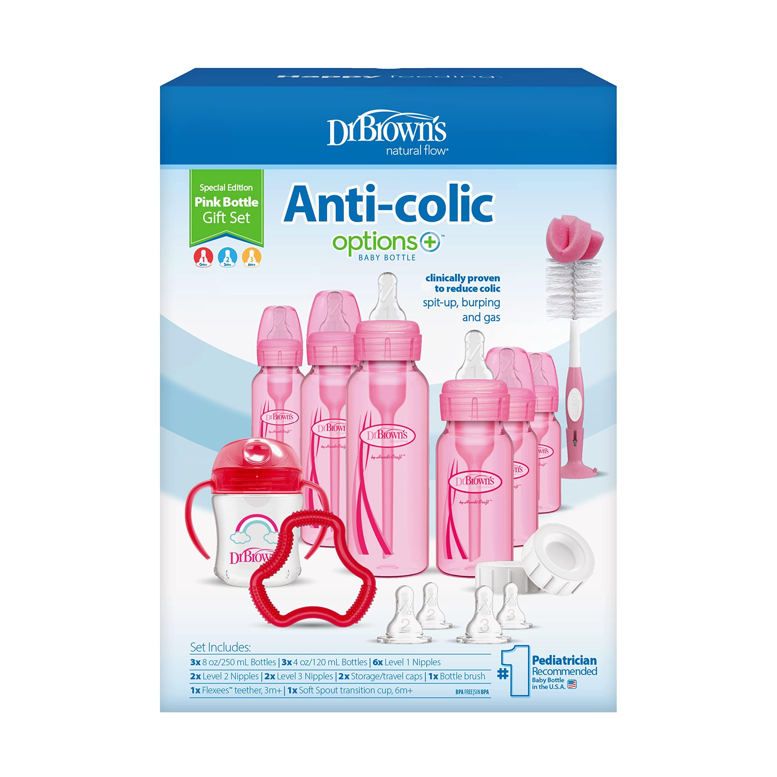 Dr. Brown's Natural Flow Anti-Colic Options+ Special Edition Pink Baby Bottle Gift Set with Soft Sippy Spout Transition Cup, Flexees Teether, Bottle Cleaning Brush and Travel Caps - Image 2