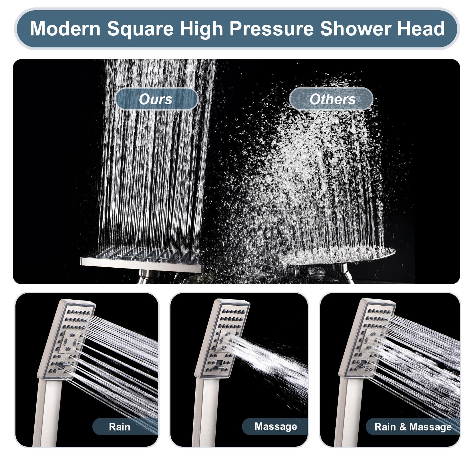 BRIGHT SHOWERS Rain Shower Head with Handheld Spray, 8 Inch Rainfall Shower Head Combo with 60" Hose, Adjustable Dual Square Showerhead Set with 3-Way Diverter, Wall Bracket, Brushed Nickel - Image 3