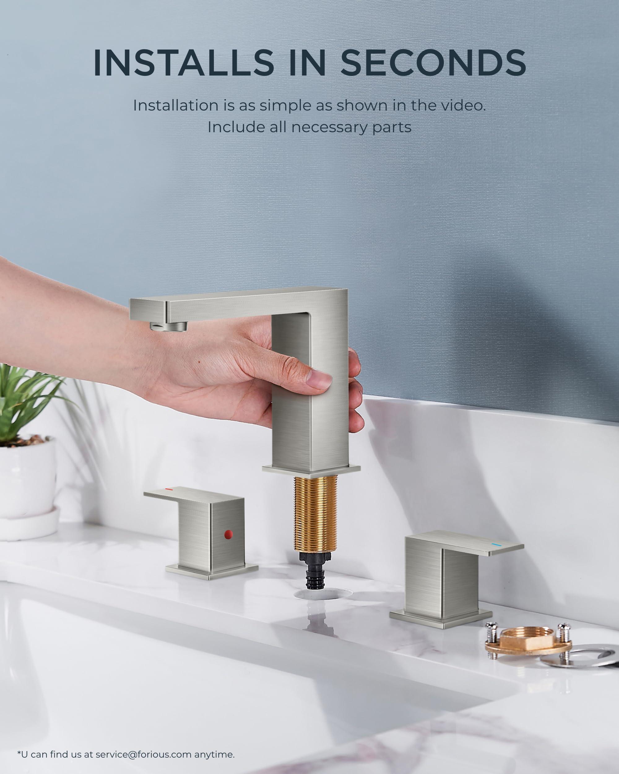 FORIOUS Brushed Nickel Bathroom Faucet for Sink 3 Hole 2 Handle, Stainless Steel Square 8" Widespread Bathroom Vanity Faucets Brushed Nickel 3 Hole with Metal Pop Up Drain, CUPC Water Hoses - Image 9