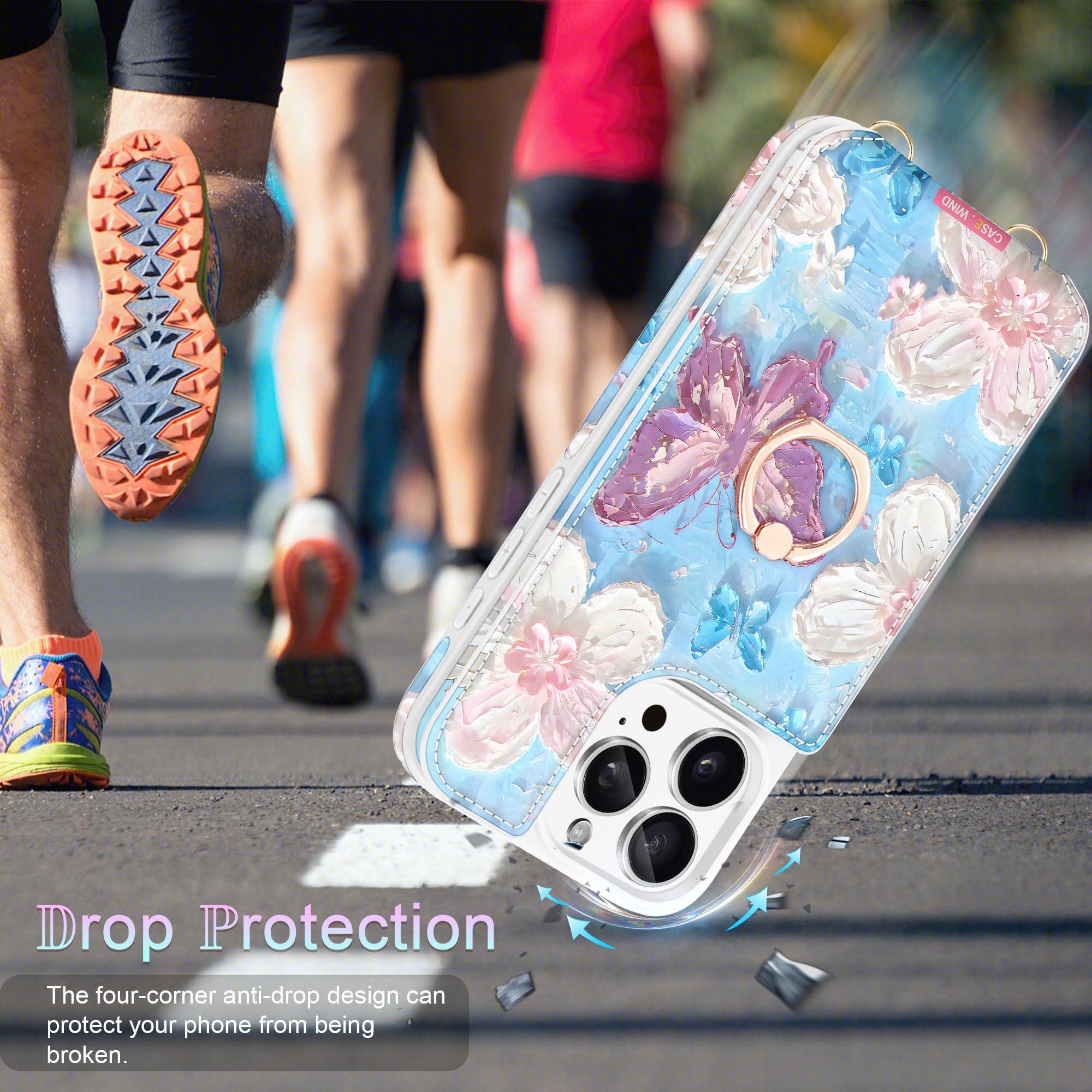 Casewind Crossbody Wallet Case for iPhone 16 Pro Max with Card Holder, Cute 3D Oil Painting Floral Butterfly Crossbody Case[Screen Protector+Camera Lens Protector]Ring Stand&Lanyard Flip Cover, White - Image 2