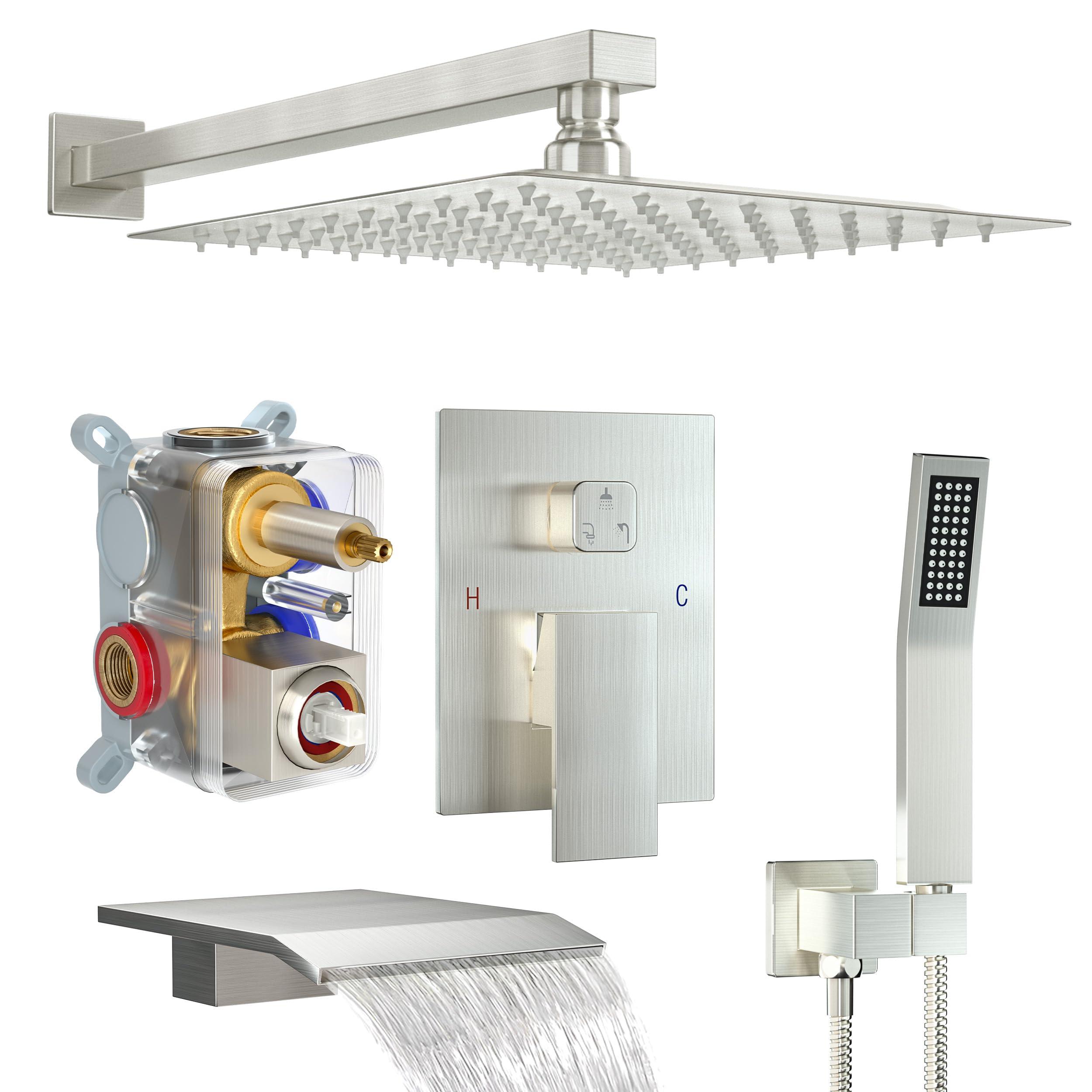 Fatspas Shower System with Tub Spout, Wall Mounted Shower Faucet Set for Bathroom with 12 Inch Rain Shower Head and Handheld Shower Head Set, Brushed Nickel