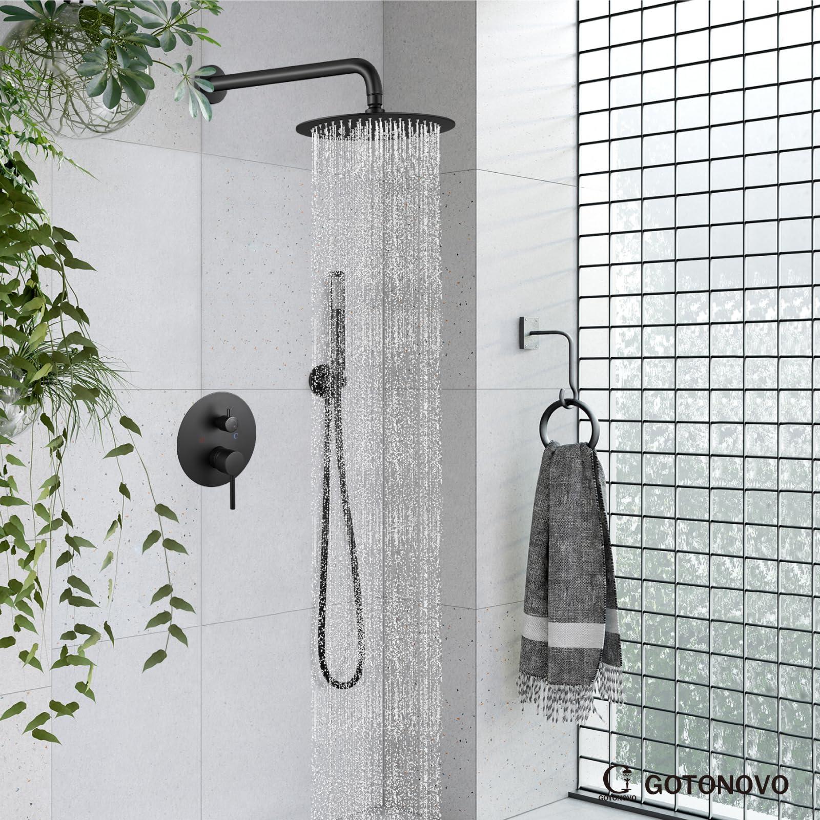 gotonovo Shower System 10 Inch Round Rainfall Showerhead Wall Mounted High Pressure Shower Faucet Set Fixture Combo with Rough in Valve and Cylindrical Handheld Spray, Matte Black - Image 2
