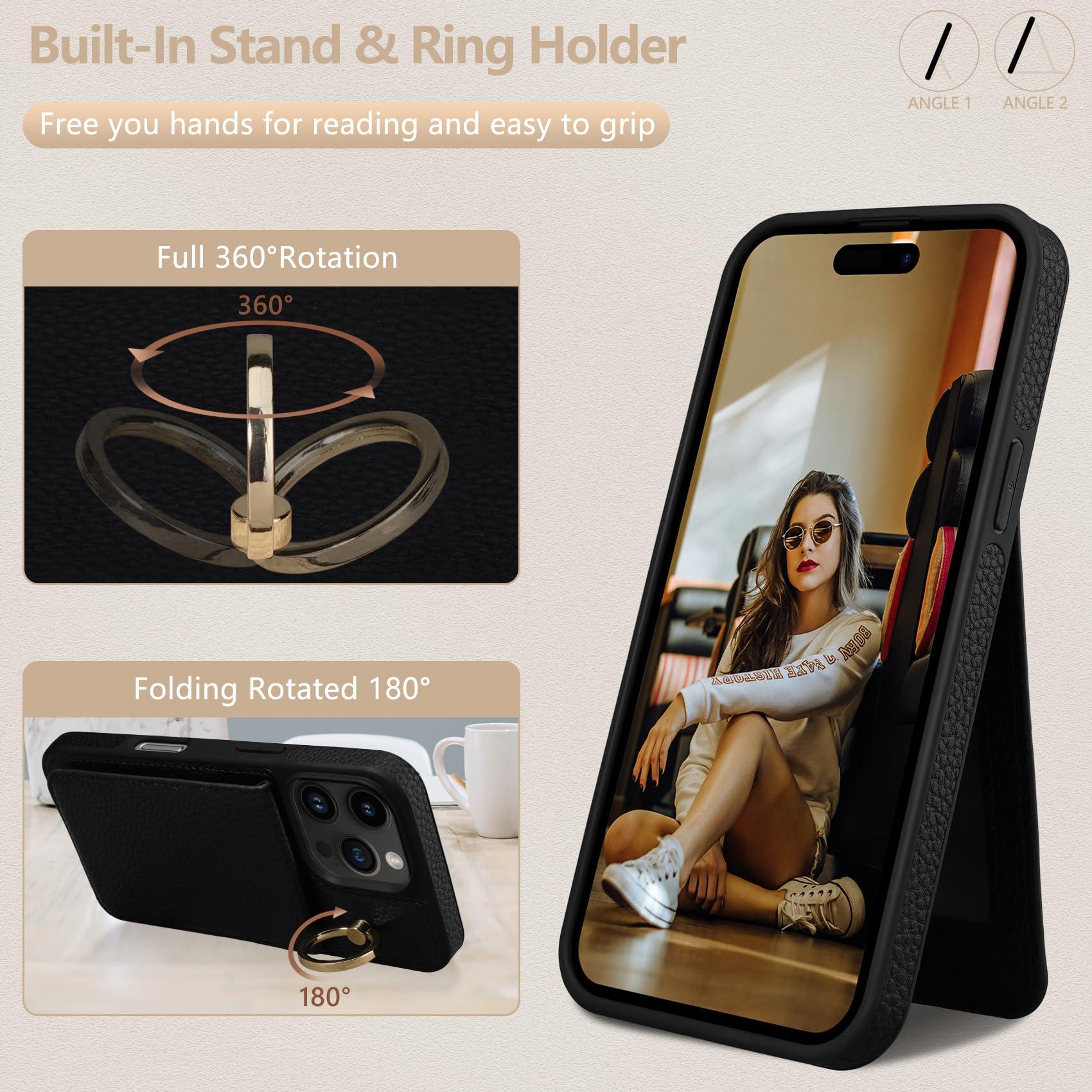 Keallce Case for iPhone 16 Pro Max 6.9'', Detachable Crossbody Case Wallet with RFID Blocking Card Holder, 360ｰRing Stand, Folio Leather iPhone Cover Lanyard Strap Lady for iPhone 16 Pro Max, Black - Image 5