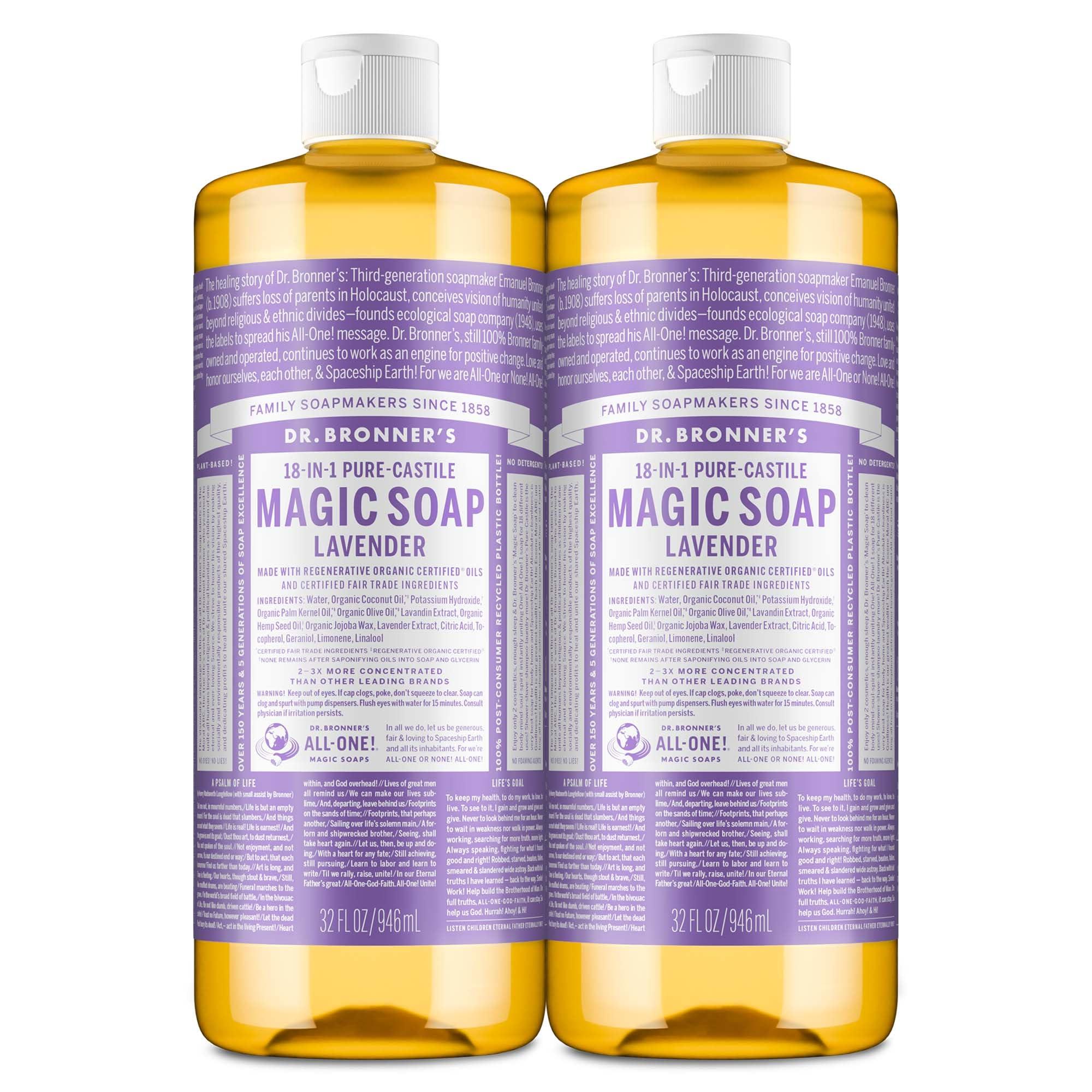 Dr. Bronner's Magic Soap - Pure-Castile Liquid Soap (Lavender, 32 ounce, 2-Pack) -Regenerative Organic Certified Oils, 18-in-1 Uses: Body, Hair, Laundry, Pets & Dishes, Concentrated, Vegan, Non-GMO