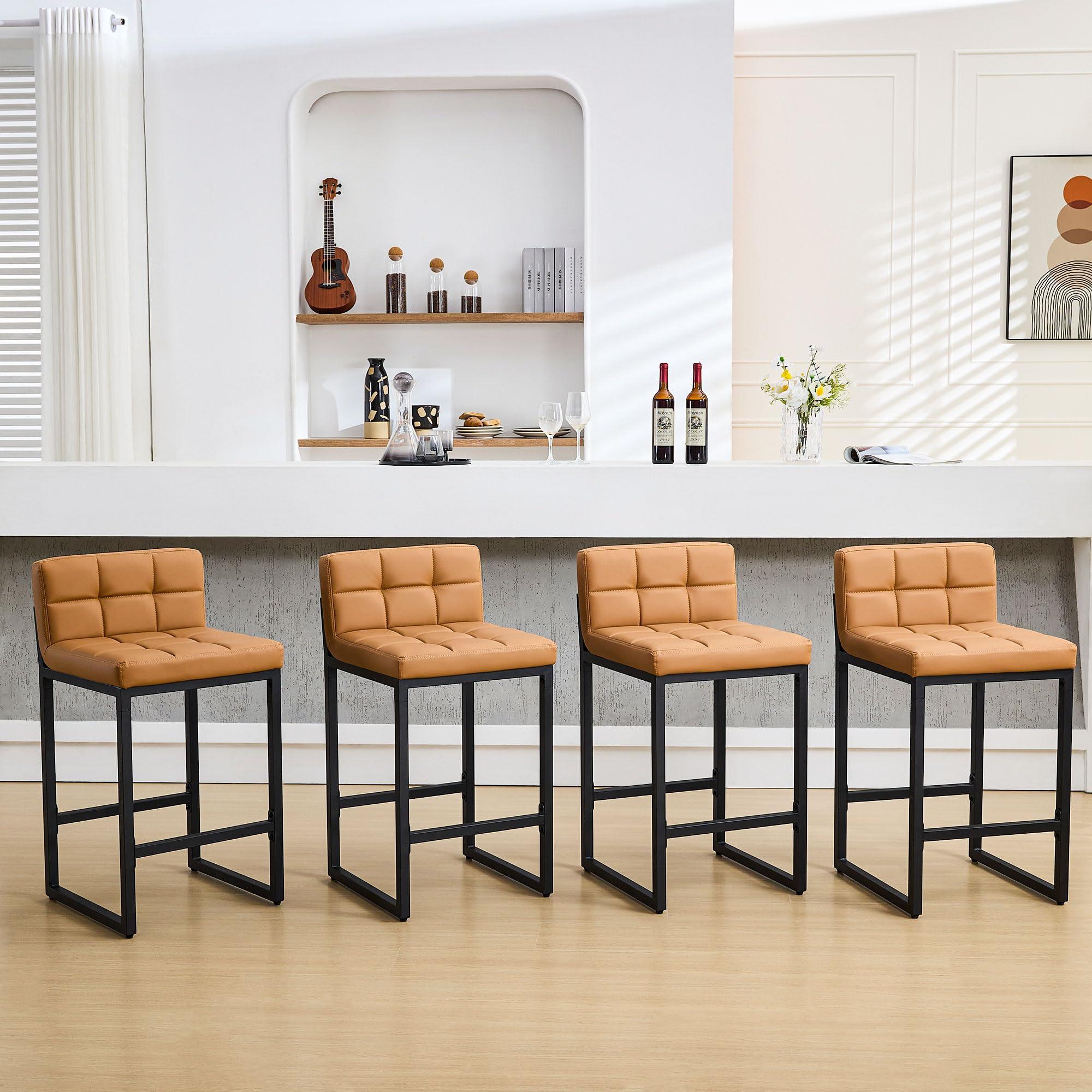 FIRAVOE Bar Height Stools Set of 4, PU Leather Barstools Modern Counter Stools with Back and Thickened Metal Legs, Bar Chairs for Kitchen Island (Caramel Brown, 4Pcs 26" Bar Stools) - Image 6