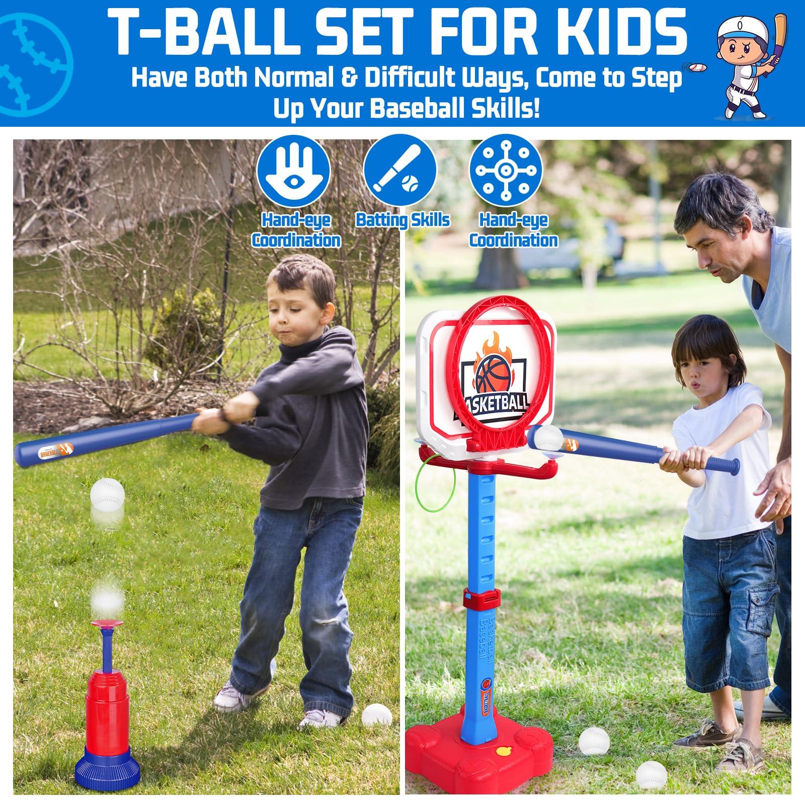 Tsomtto 4 in 1 Kids Basketball Hoop & T Ball Set Indoor Outdoor Toys for Toddlers 1-3 Adjustable Toddler Pool Basketball Hoop Goal Sports Outside Play Toys for 1 2 Year Old Boys Girls Birthday Gifts - Image 6