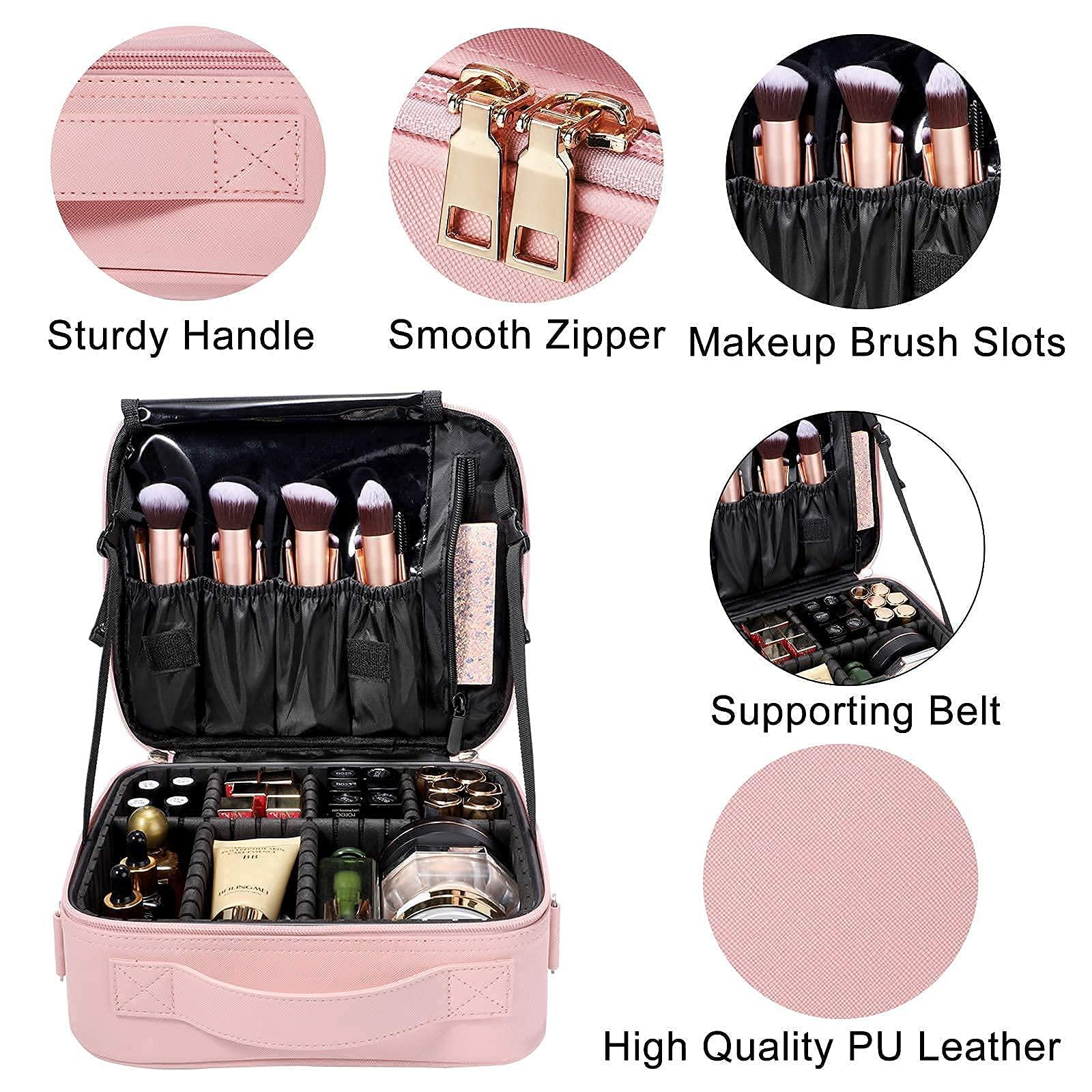 gzcz Makeup Bag Organizer 10.2'' Travel Makeup Train Case Cosmetic Brush Organizer Portable Artist Storage bag with Adjustable Dividers and shoulder strap for Make up Accessories (Cute Pink) - Image 8