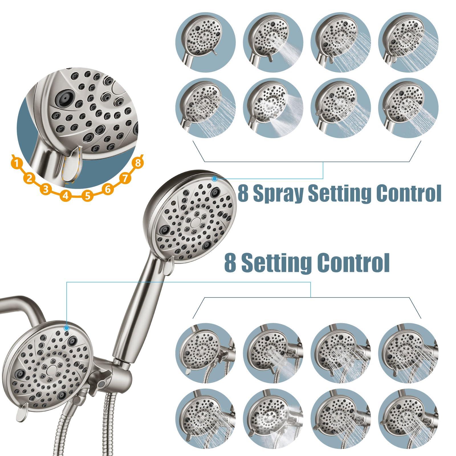 Aolemi Shower Faucet Set Rain Shower Head System Shower Trim Kit Pressure Rough-in Valve Included 8 Setting Dual Shower Head and Handheld Spray Brushed Nickel - Image 3