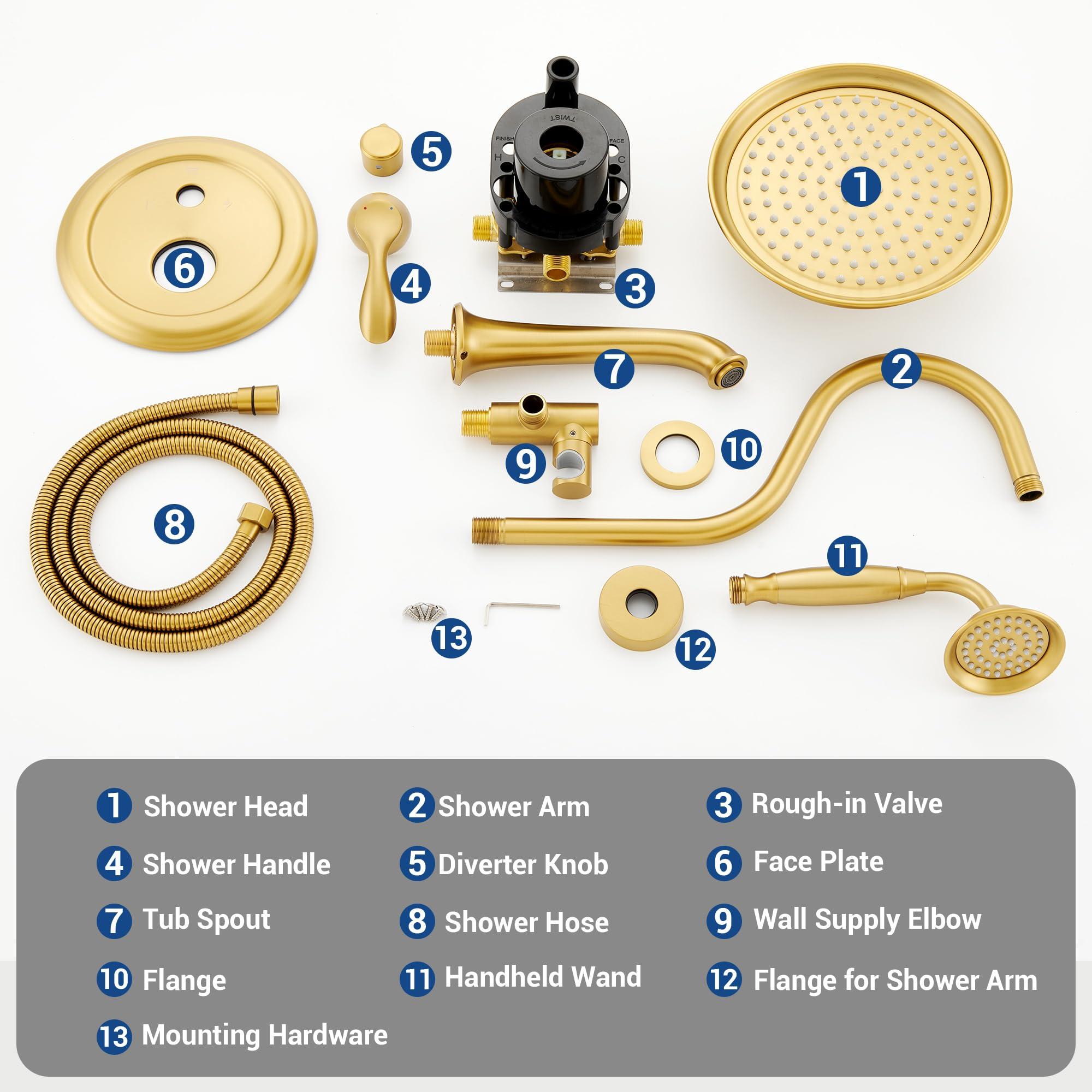 DASAN Brushed Gold Shower System with Tub Spout, Tub and Shower Faucet Combo Set with Valve & Trim Kit Bathtub Shower Faucet Set Bathtub Shower System with Rainfall Shower Head & Handheld, AT309W-BTG - Image 7