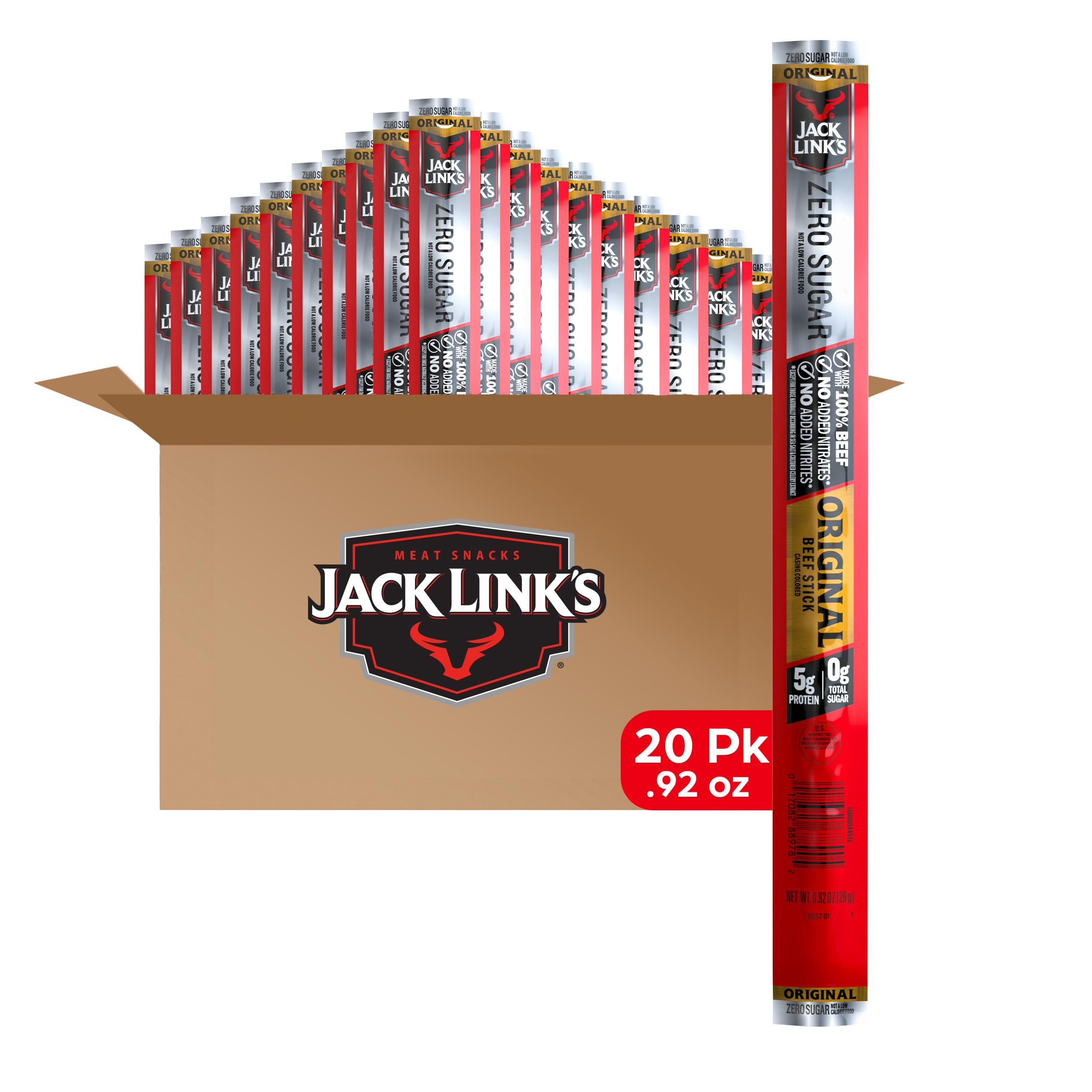 Jack Link's Beef Sticks, Original Zero Sugar - Protein Snack, Meat Stick with 5g of Protein, Meat Snack Sticks Made with 100% Beef, Keto & Paleo Diet Friendly, Individually Wrapped - 0.92 Oz. (20 Count)