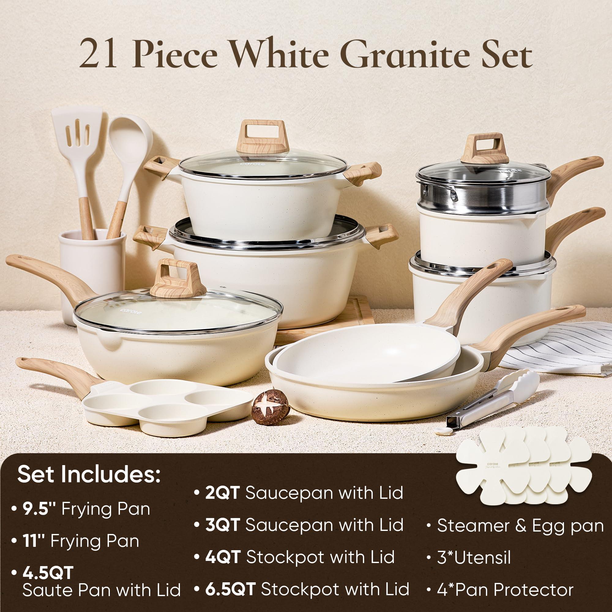 CAROTE 21Pcs Pots and Pans Set, Nonstick Cookware Sets, White Granite Induction Cookware Non Stick Cooking Set w/Frying Pans & Saucepans(PFOS, PFOA Free) - Image 2