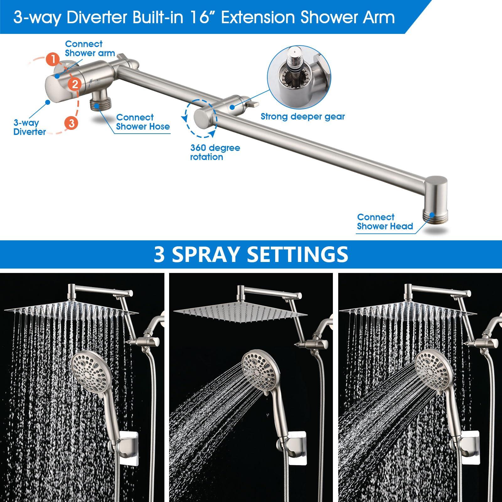 PDPBath 10" Rainfall Shower Head with Handheld Spray, Dual Rain Showerhead with High Pressure 10-Setting Wand Combo, 16" Adjustable Extension Arm Build-in 3-way Diverter, 6ft Hose -Brushed Nickel - Image 4