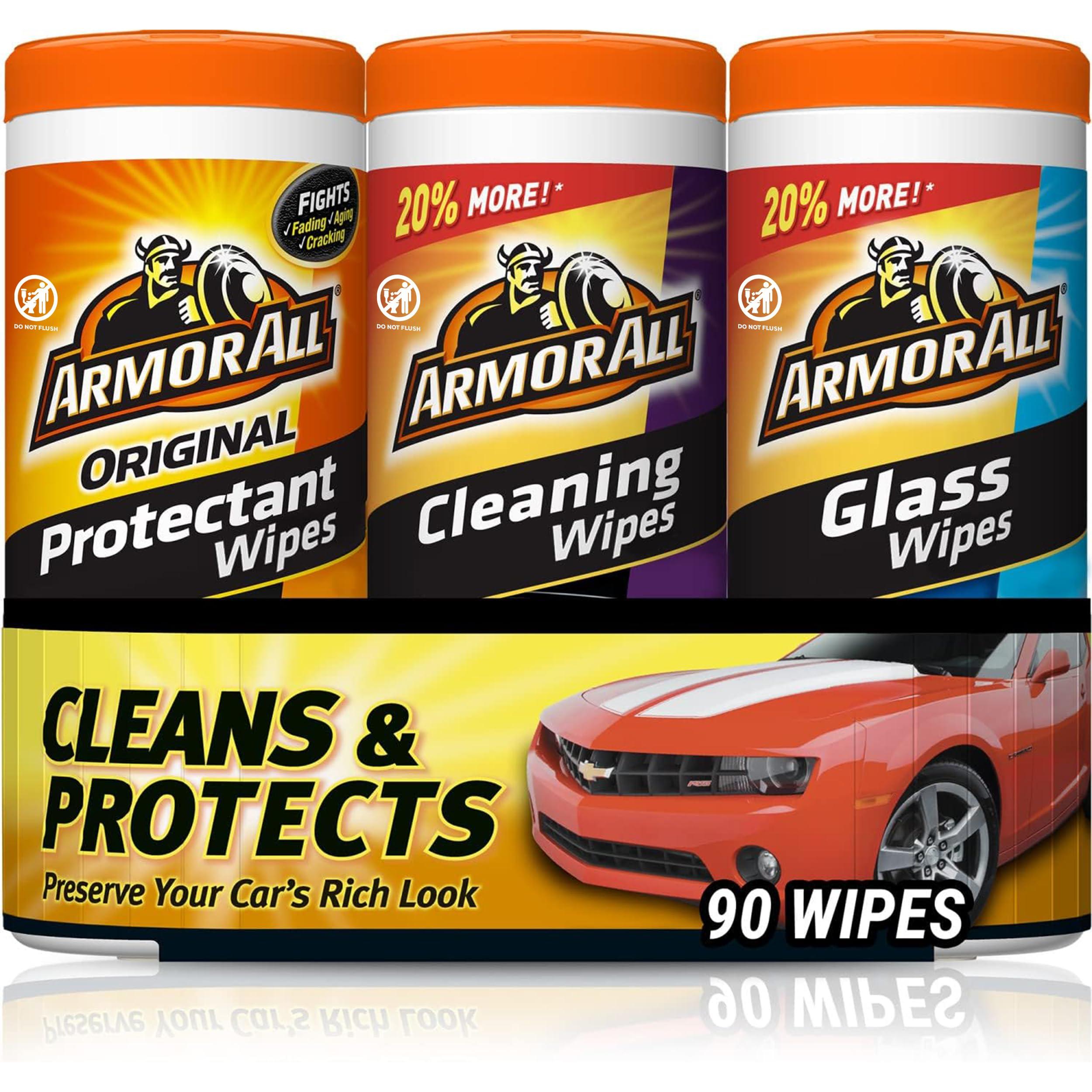 Armor All Protectant, Glass and Cleaning Wipes, Gifts for Dad, Interior Car Cleaner and Exterior Care, 30 Count Each (Pack of 3)