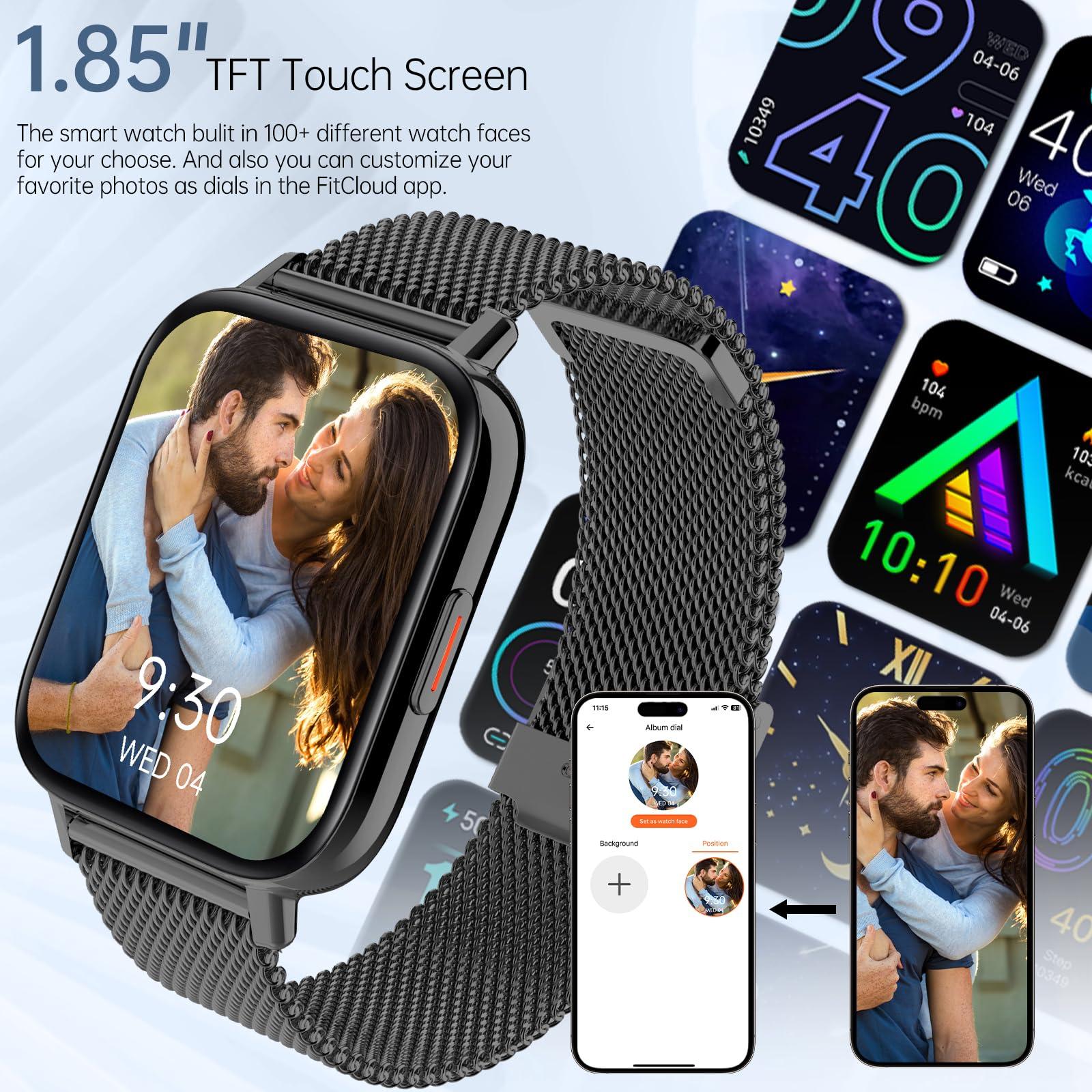 HXQHSTBG Smart Watches for Women Men(Answer/Dial Calls) 1.85" HD Fitness Step Tracker with Heart Rate Sleep Monitor, AI Voice Smart Watch IP68 Waterproof for Android/iOS, Black/2 Watch Straps - Image 4
