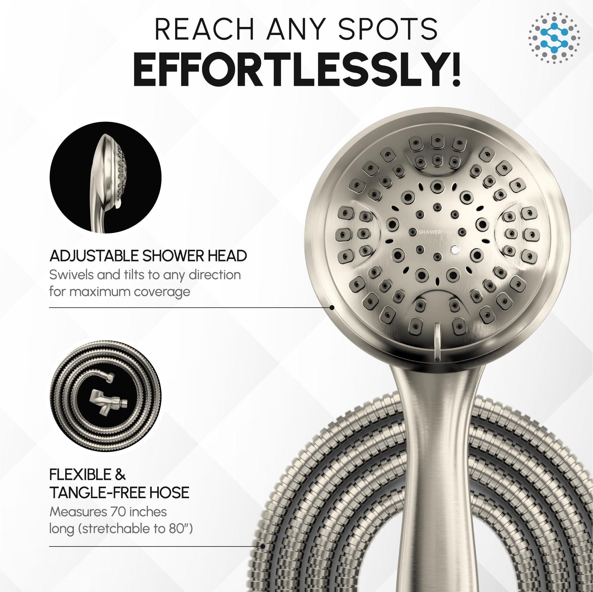 ShowerMaxx, Luxury Spa Series, 6 Spray Settings 4.5 inch Hand Held Shower Head, Extra Long Stainless Steel Hose, MAXX-imize Your Shower with Showerhead in Brushed Nickel Finish - Image 5