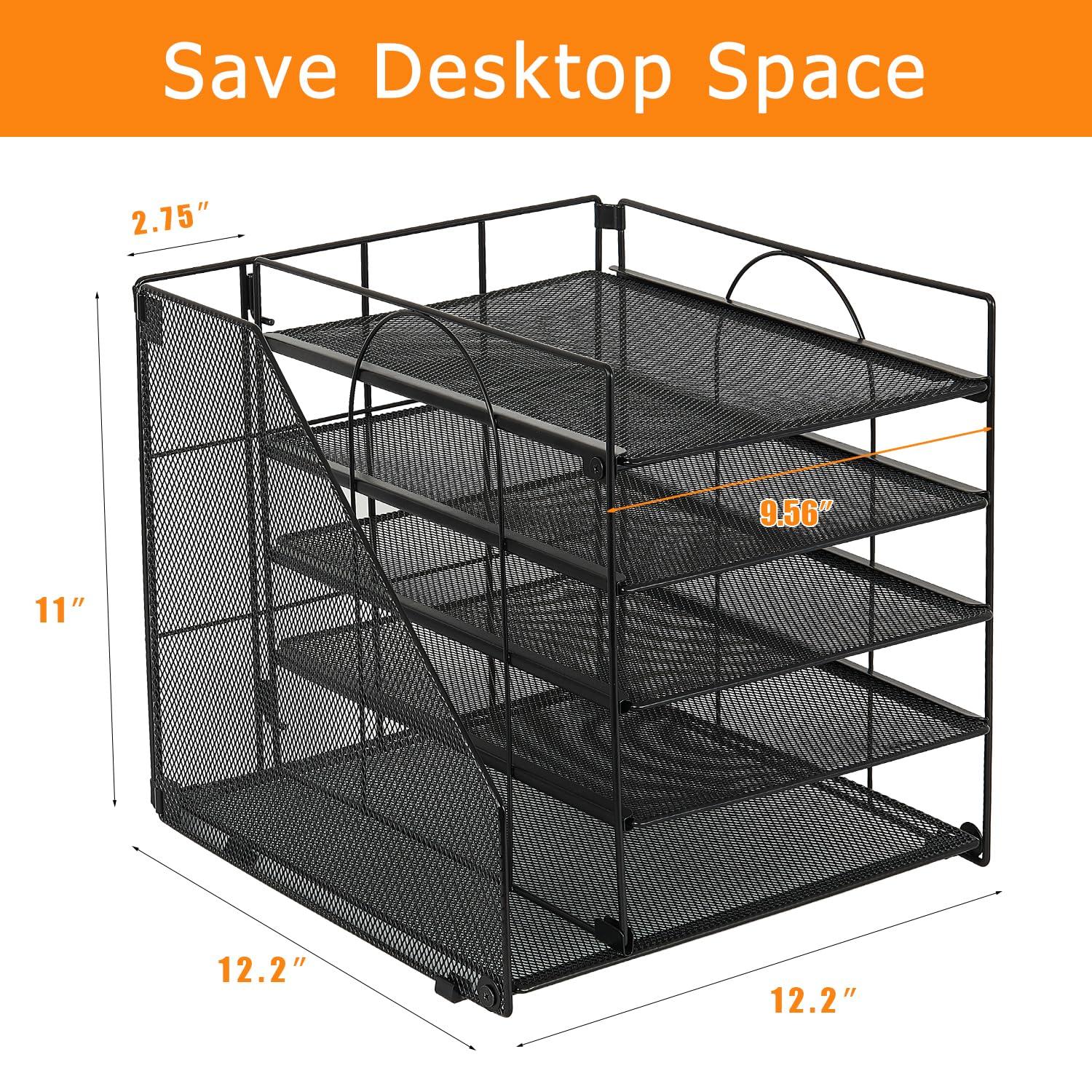 LEKETREE Desk Organizers and Accessories, 5-Tier Paper Letter Tray Organizer with File Holder, Desktop Organizer for Office Supplies (Black) - Image 3