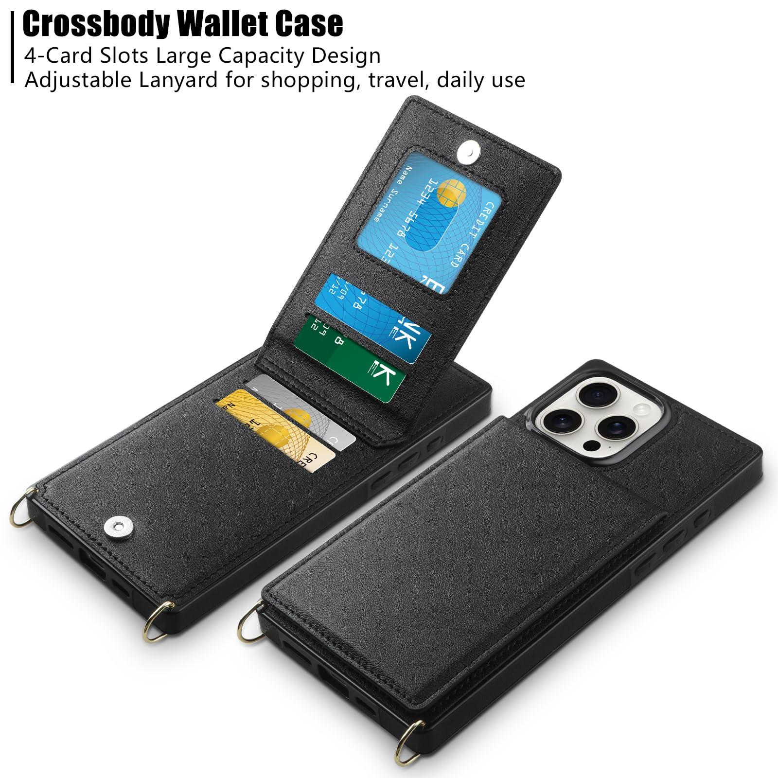 Vofolen for iPhone 16 Pro Case with Card Holder Crossbody Lanyard Strap Leather Wallet Case with Magnetic Clasp Kickstand Heavy Duty Protective Flip Cover for iPhone 16 Pro for Women, Black - Image 2
