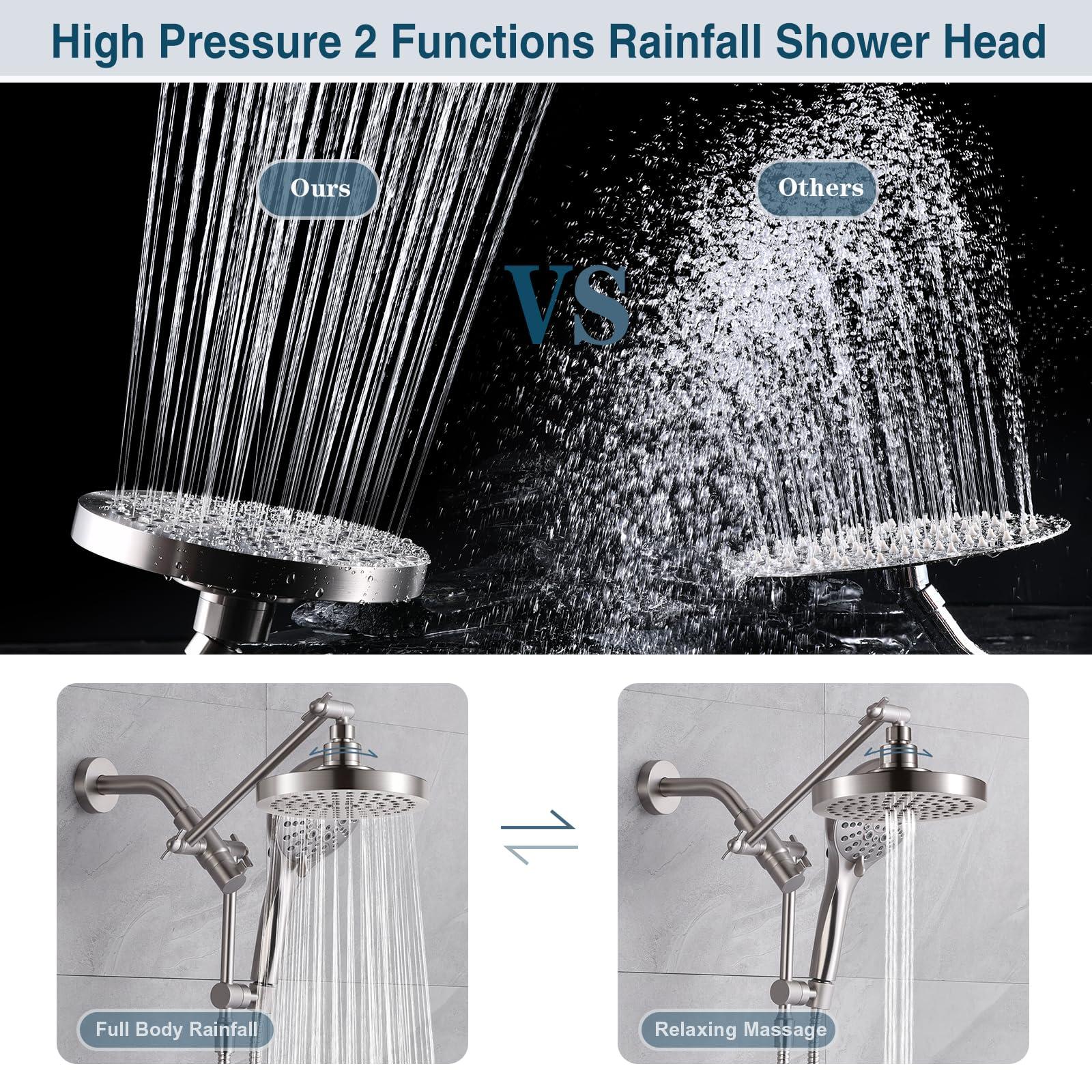 BRIGHT SHOWERS Rain Shower Head with Handheld Spray Built-in Power Wash, High Pressure Dual Shower Head with Adjustable Extension Arm, 3-Way Diverter, 9-Mode Handheld, 69” Long Hose, Brushed Nickel - Image 3
