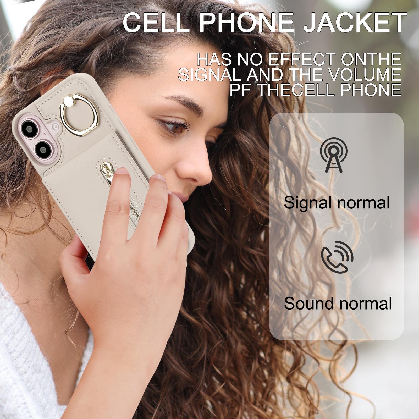 Jcxtrombulous Crossbody Wallet Case for iPhone 16 with Lanyard Strap Card Slot Holder RFID Blocking 360° Ring Kickstand,Magnetic Flip Folio Zipper Purse Case, PU Leather Cover Handbag,Beige - Image 9