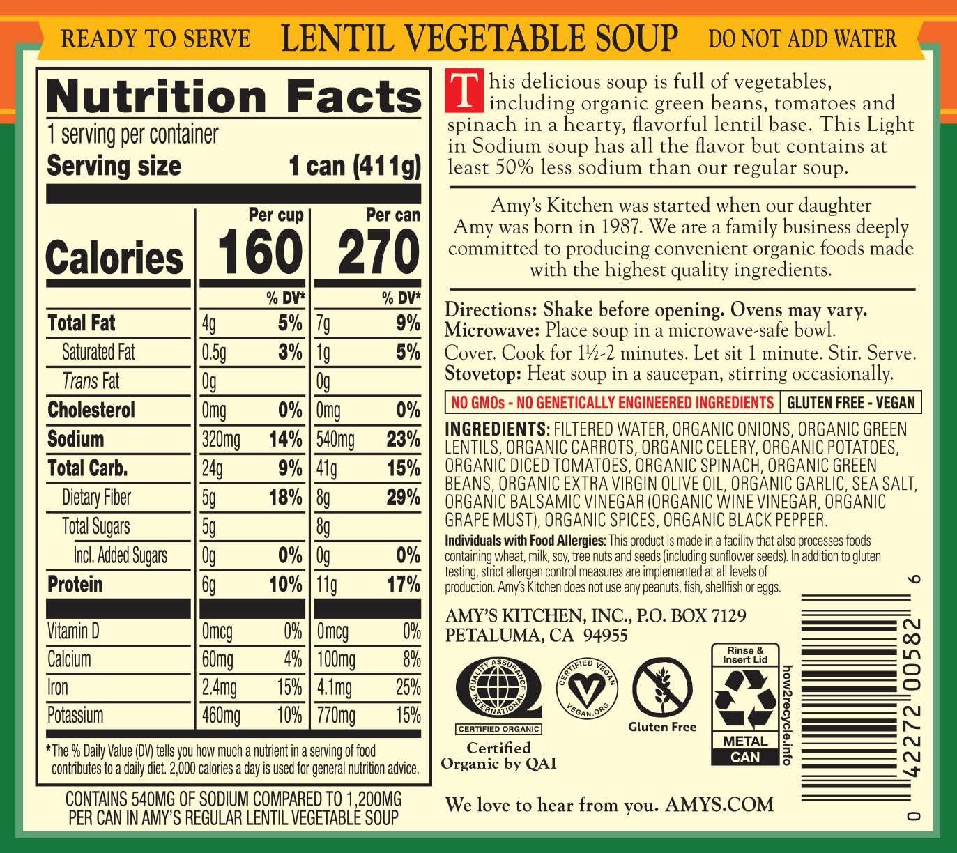 Amy’s Soup, Vegan Light in Sodium Lentil Vegetable Soup, Gluten Free, Made With Organic Vegetables, Canned Soup, 14.5 Oz (12 Pack) - Image 2