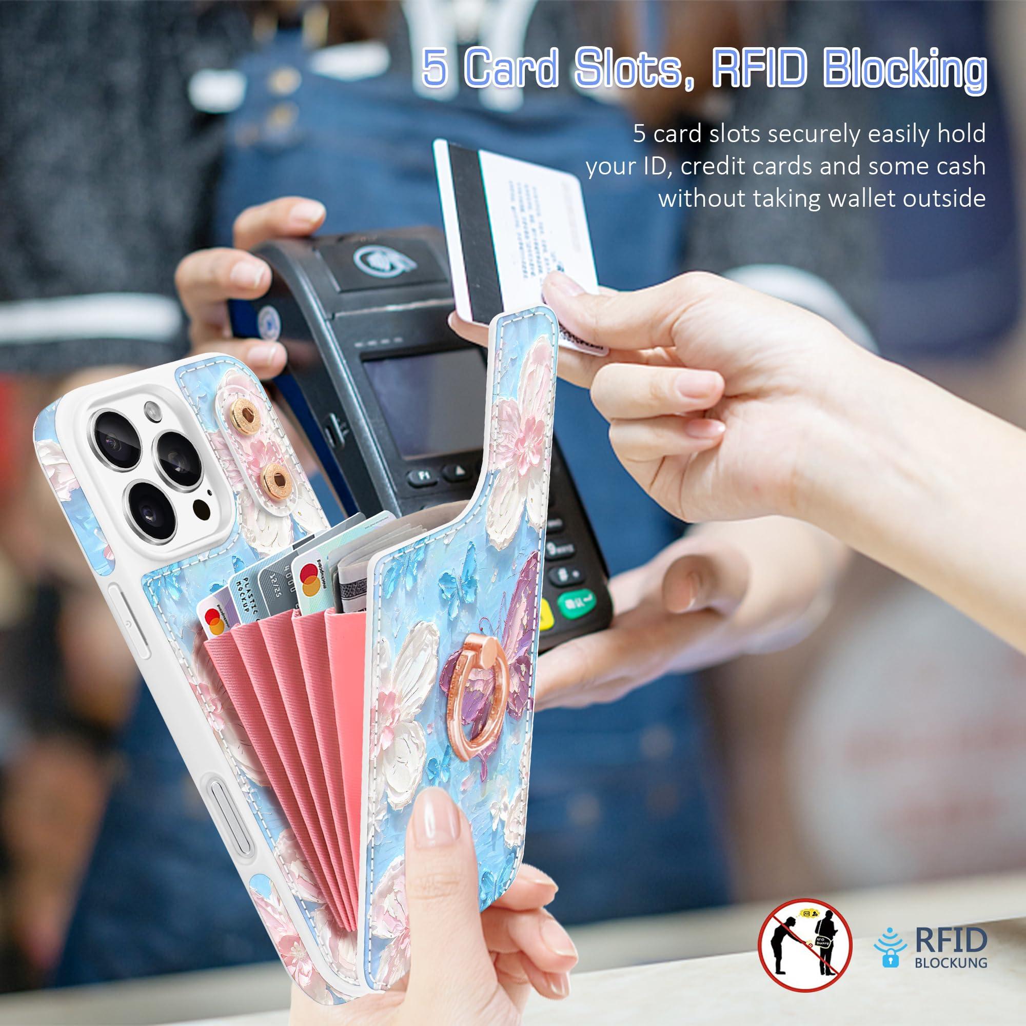 Casewind Crossbody Wallet Case for iPhone 16 Pro Max with Card Holder, Cute 3D Oil Painting Floral Butterfly Crossbody Case[Screen Protector+Camera Lens Protector]Ring Stand&Lanyard Flip Cover, White - Image 5