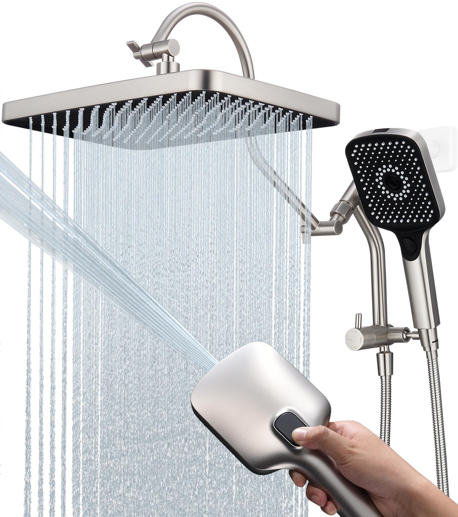 13-Inch Shower Heads with Multi-Function Handheld Sprayer Combo, 3-Way Metal Extended Diverter with Holder and Metal Adjustable Curved Shower Extension Arm, Extra Long Hose Brushed Nickel