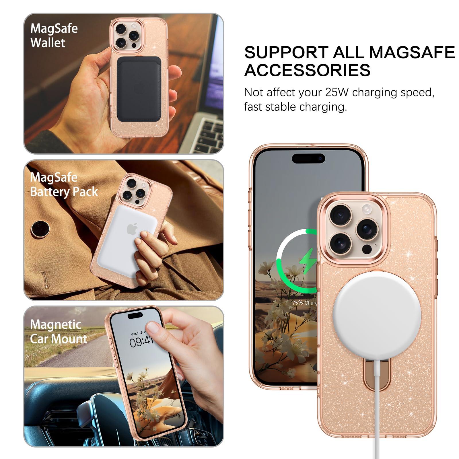 VENINGO iPhone 16 Pro Max Case, Magnetic Slim MagSafe Car Mount Supported Ring Holder Kickstand Sparkle Glitter Not Yellow Shockproof Protective Phone Cover for iPhone 16 Pro Max 6.9", Desert Titanium - Image 2