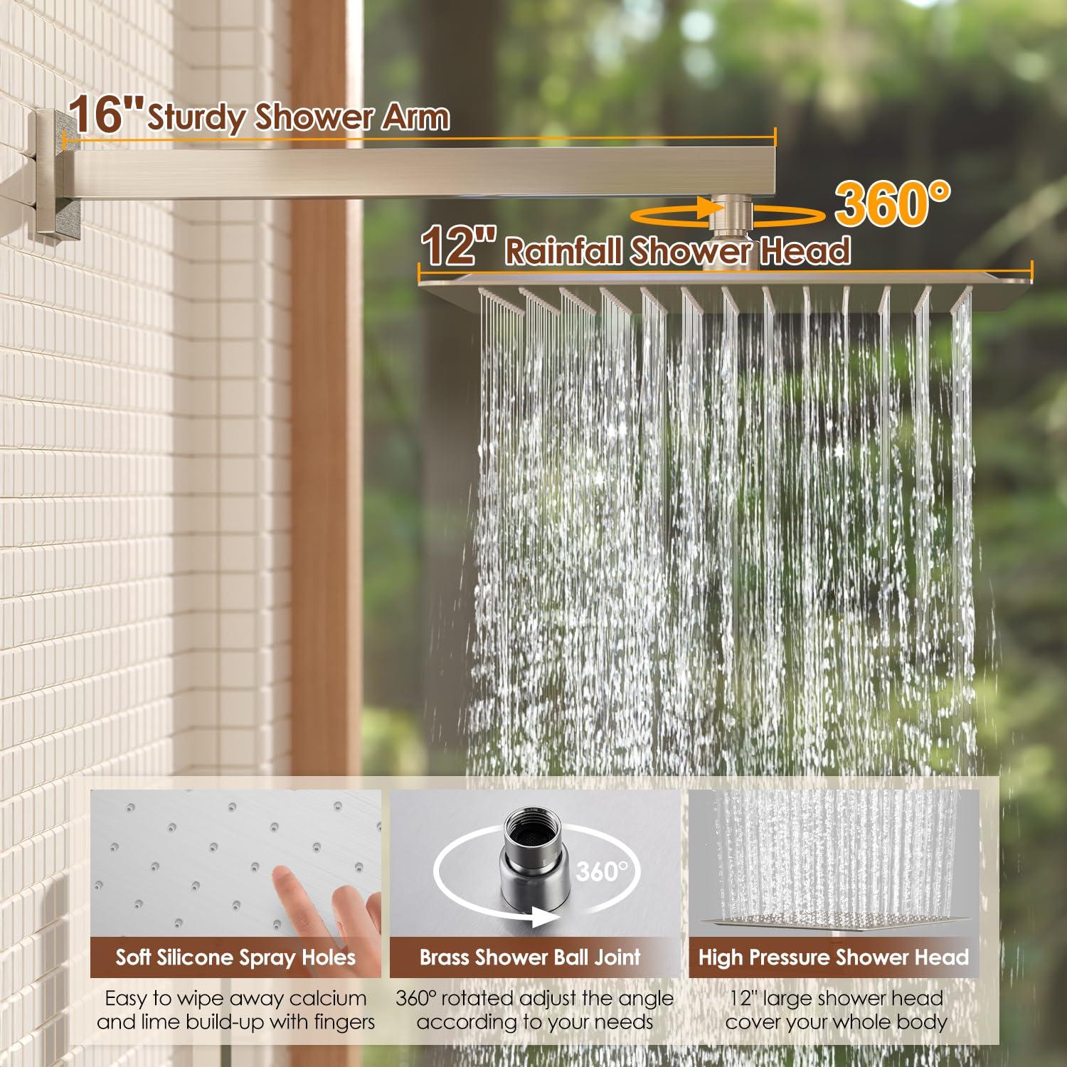 Kurpot Shower System, 12 Inch Bathroom Shower Faucet Set, Brushed Nickel Shower Head and Handle Set, Shower Faucet with Valve and Shower Trim Kit, High Pressure Rain Shower Head Set, Wall Mounted - Image 4