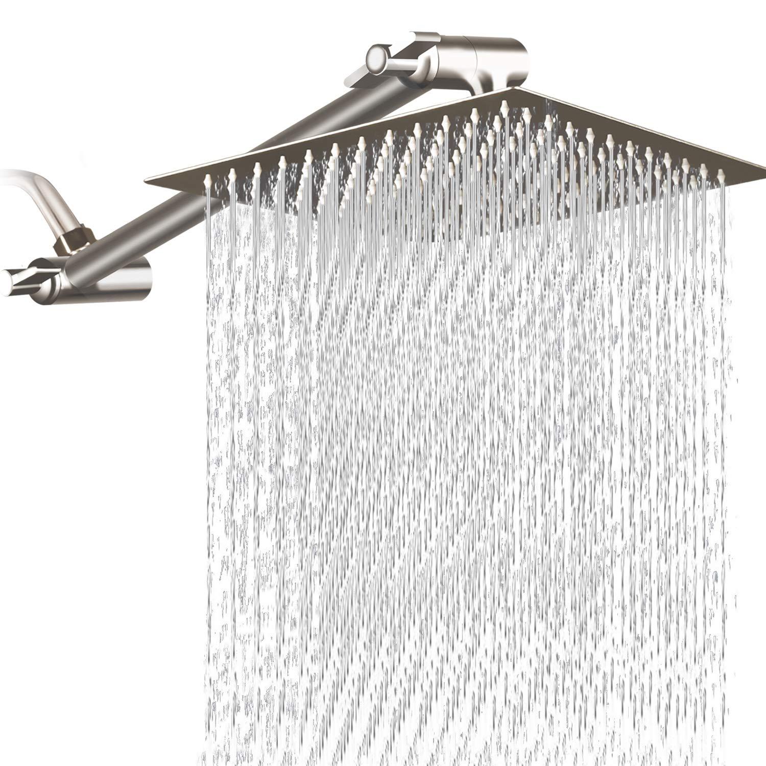 12 Inch Square Rain Showerhead with 11 Inch Adjustable Extension Arm,Large Stainless Steel High Pressure Shower Head,Ultra Thin Rainfall Bath Shower with Easy to Clean and Install-Brushed Nickel