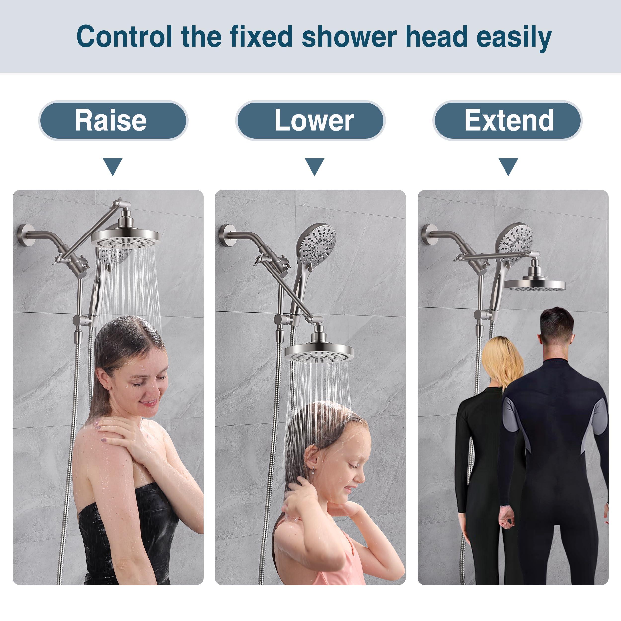 BRIGHT SHOWERS Rain Shower Head with Handheld Spray Built-in Power Wash, High Pressure Dual Shower Head with Adjustable Extension Arm, 3-Way Diverter, 9-Mode Handheld, 69” Long Hose, Brushed Nickel - Image 6