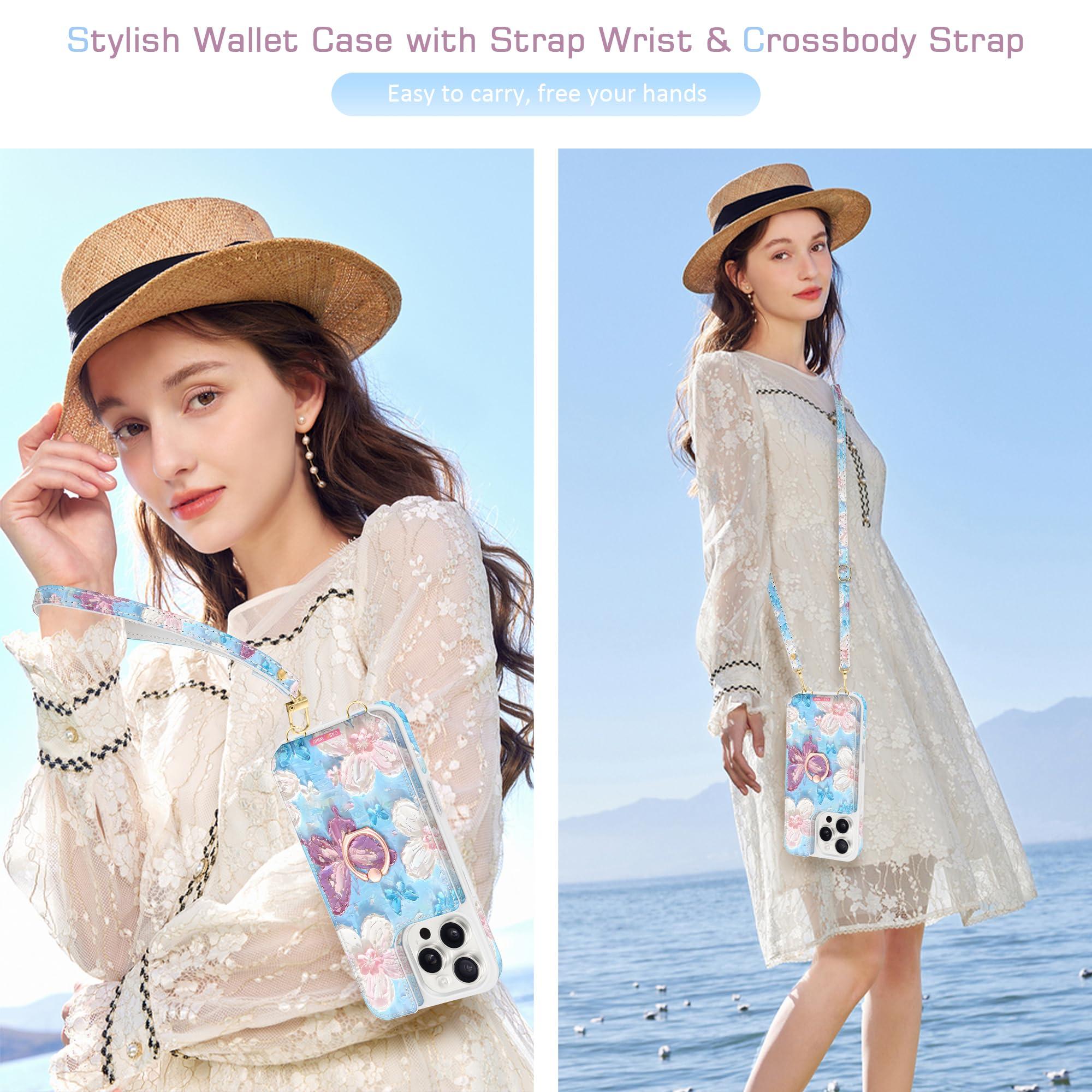 Casewind Crossbody Wallet Case for iPhone 16 Pro Max with Card Holder, Cute 3D Oil Painting Floral Butterfly Crossbody Case[Screen Protector+Camera Lens Protector]Ring Stand&Lanyard Flip Cover, White - Image 3
