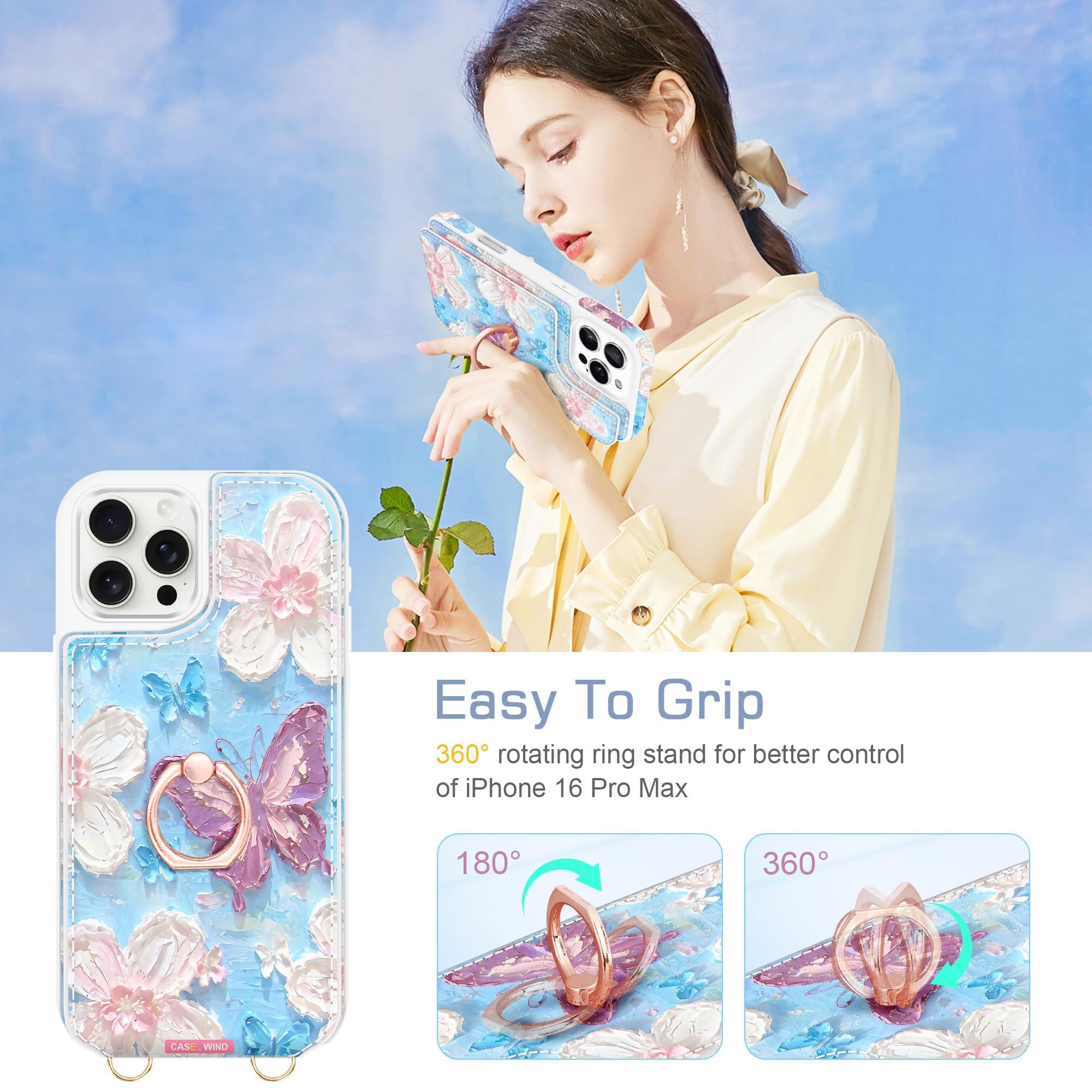 Casewind Crossbody Wallet Case for iPhone 16 Pro Max with Card Holder, Cute 3D Oil Painting Floral Butterfly Crossbody Case[Screen Protector+Camera Lens Protector]Ring Stand&Lanyard Flip Cover, White - Image 6