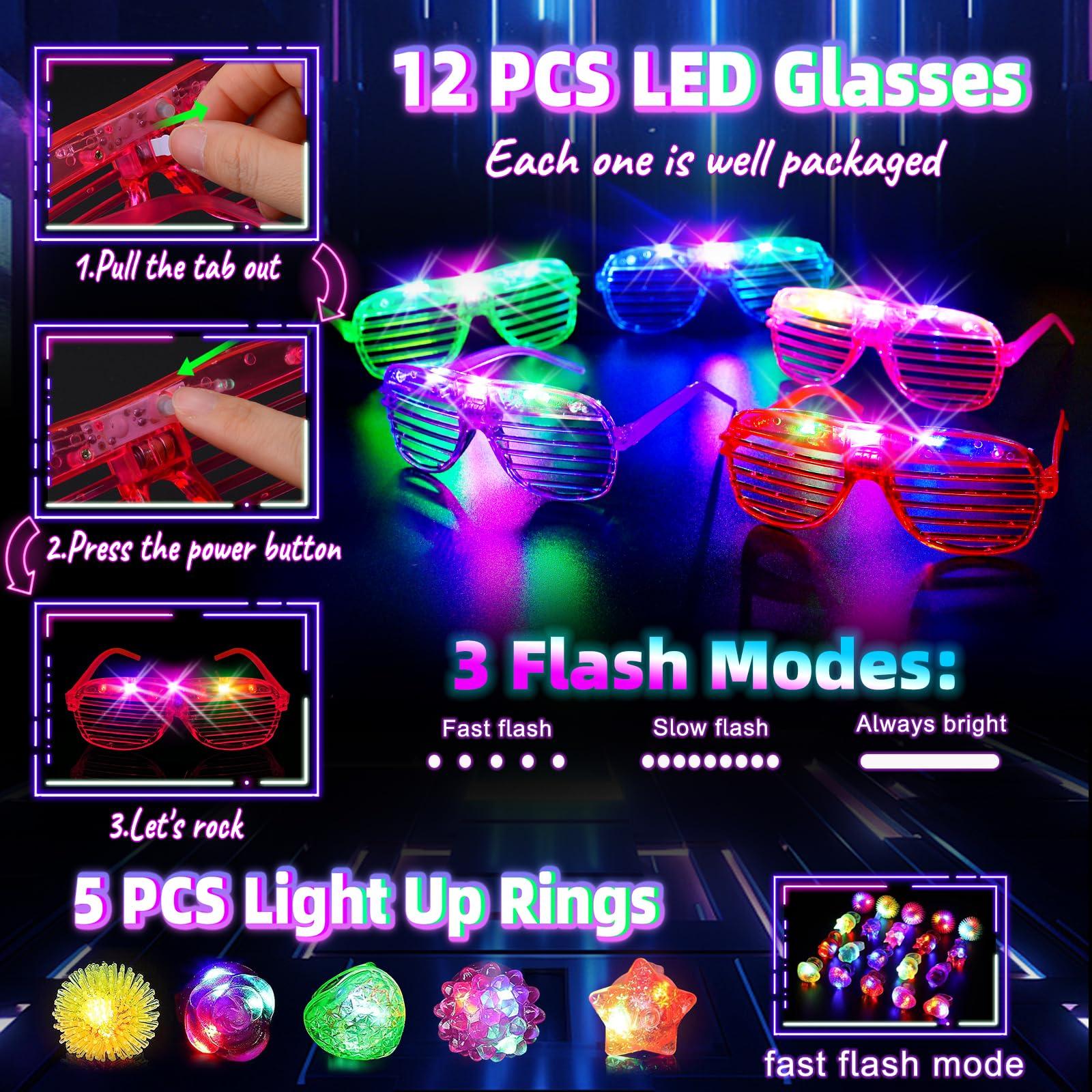 HONLYNE Glow in the Dark Supplies for Kids Adults, Light Up Party Favors, 56 LED Light Up Toys, 100 Glow Sticks Bulk Party Pack DIY Glasses Headbands Necklaces for Neon Party Supplies & Decorations - Image 7