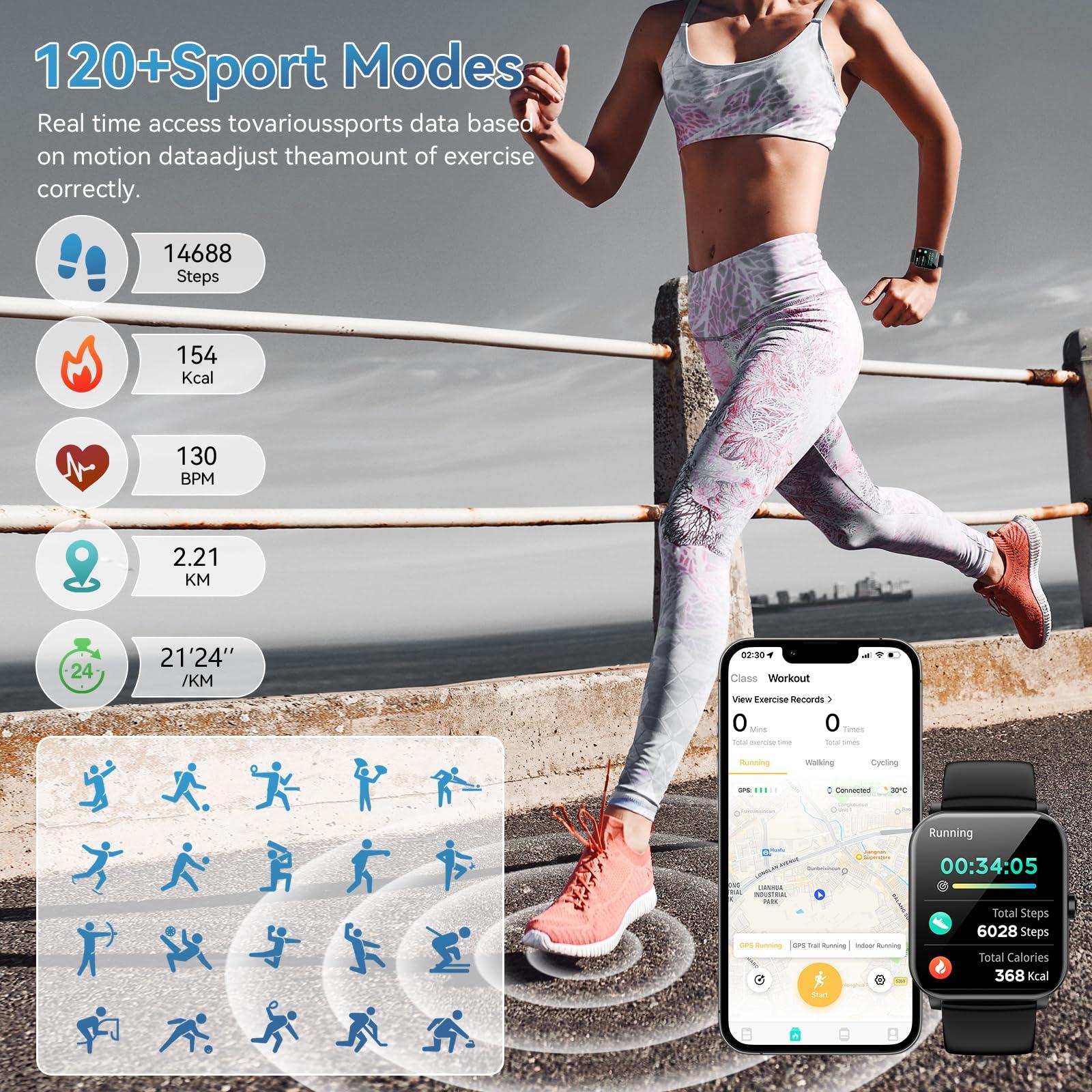 Smart Watch, 1.85" HD Smartwatch for Men Women (Answer/Make Calls), Fitness Watch with Heart Rate/Sleep/IP68 Waterproof/120+ Sports Modes, Pedometer, Android Smart Watch for Android iOS (Black) - Image 3