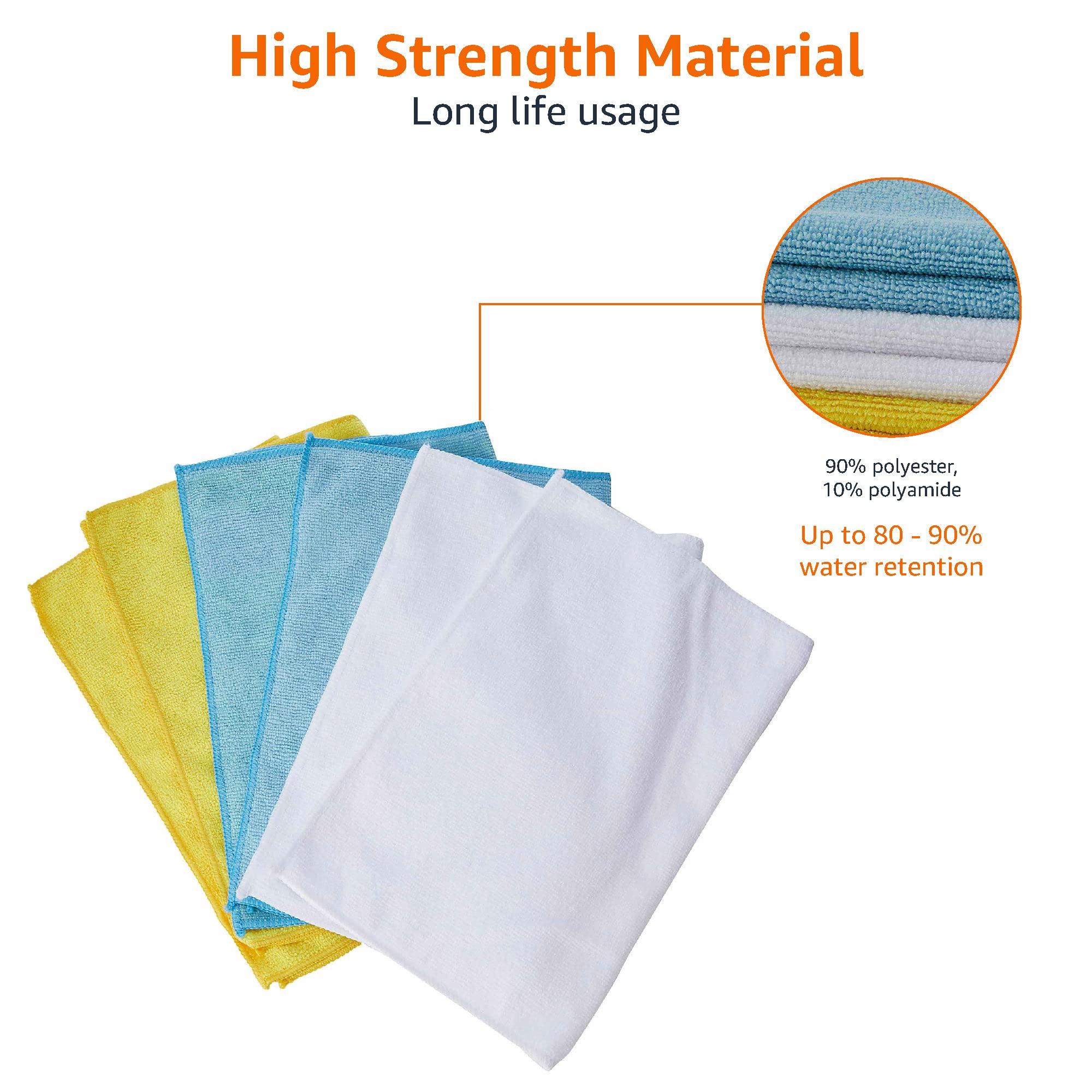Amazon Basics Microfiber Cleaning Cloths for Cars, Non-Abrasive, Highly Absorbent, Lint and Scratch-Free, Reusable and Washable, 16" x 12", Blue/White/Yellow, 144-Pack - Image 4