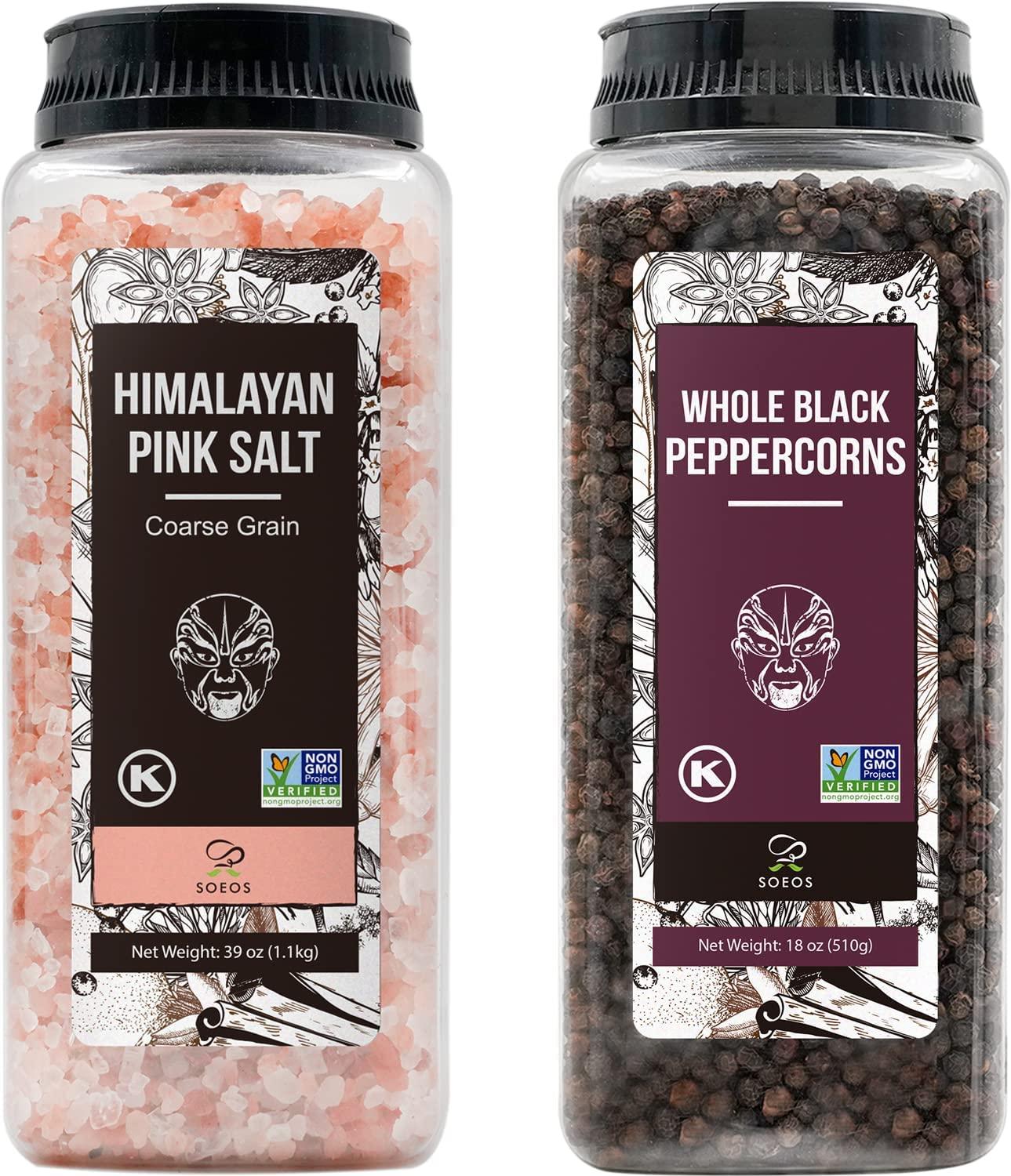 Soeos Himalayan Pink Salt 39 oz + Whole Black Peppercorns 18 oz, Coarse Grain, Kosher Salt for Grinder Refill, Salt and Pepper Grinder, Non-GMO Verified, Spice Seasoning Set for Cooking