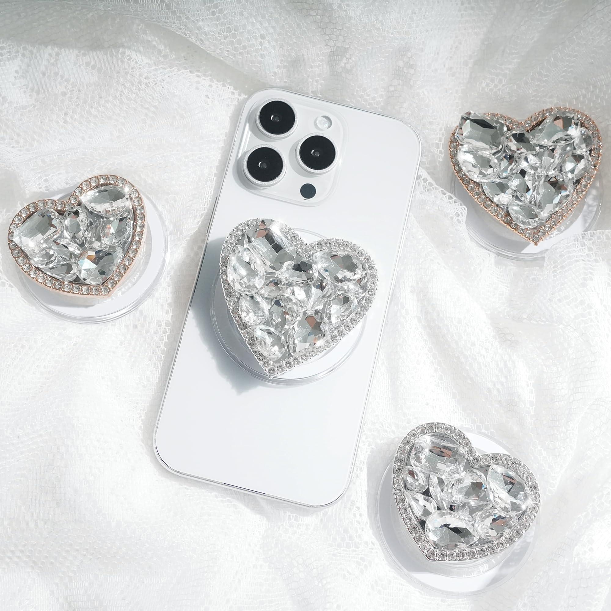 OnTheGrip Compatible with Magsafe Cute Cubic Diamond Heart Shape Design Collapsible Mobile Phone Grip Stand Holder for Smartphone Tablet Cell Phone Accessory (Silver Big) - Image 3