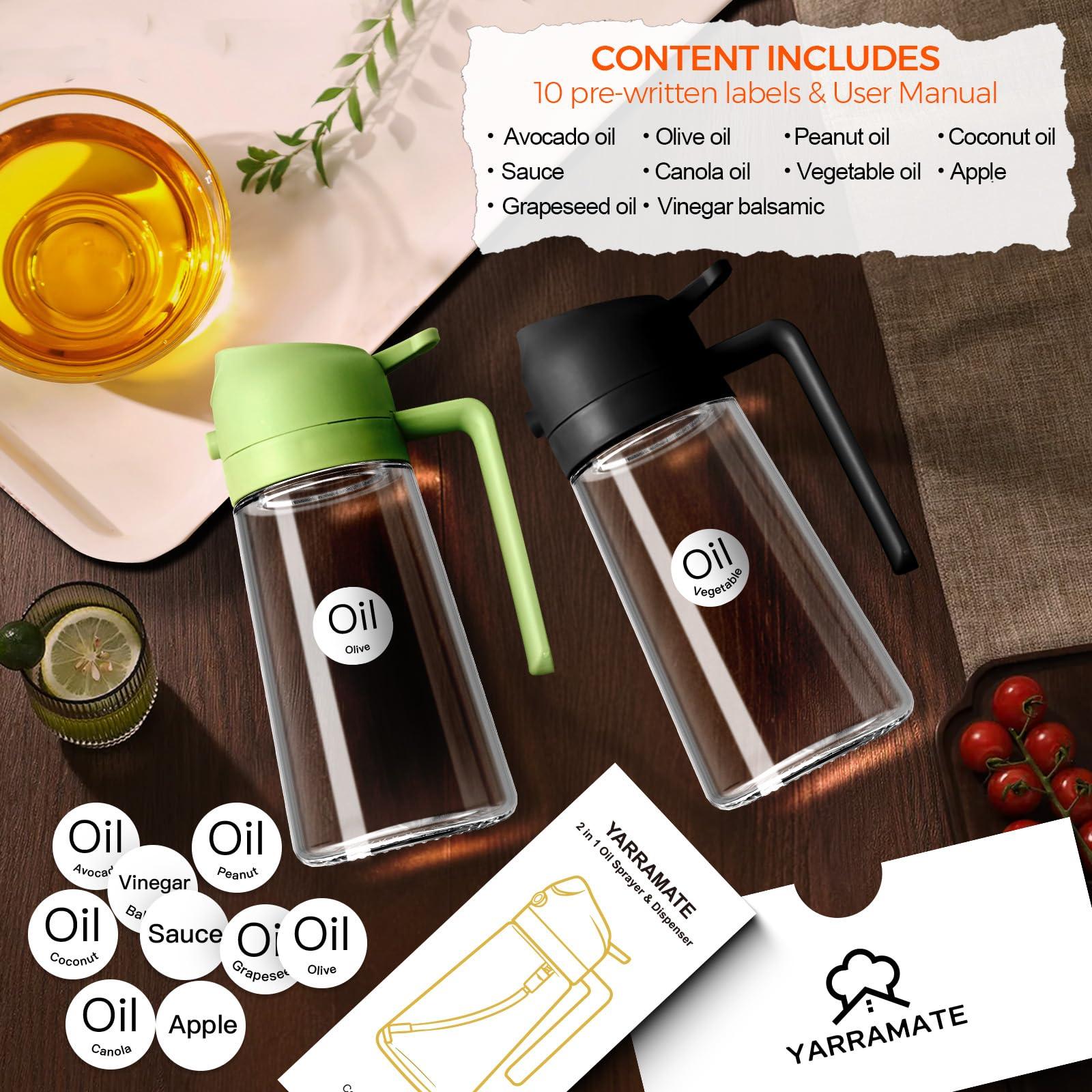 YRRAMATE 16oz/470ml Glass Olive Oil Sprayer for Cooking with Stickers, 2 in 1 Oil Dispenser for Kitchen Gadgets, Food Grade Premium Spray Bottle with Portion Control for Salad, Frying, BBQ (Black) - Image 2