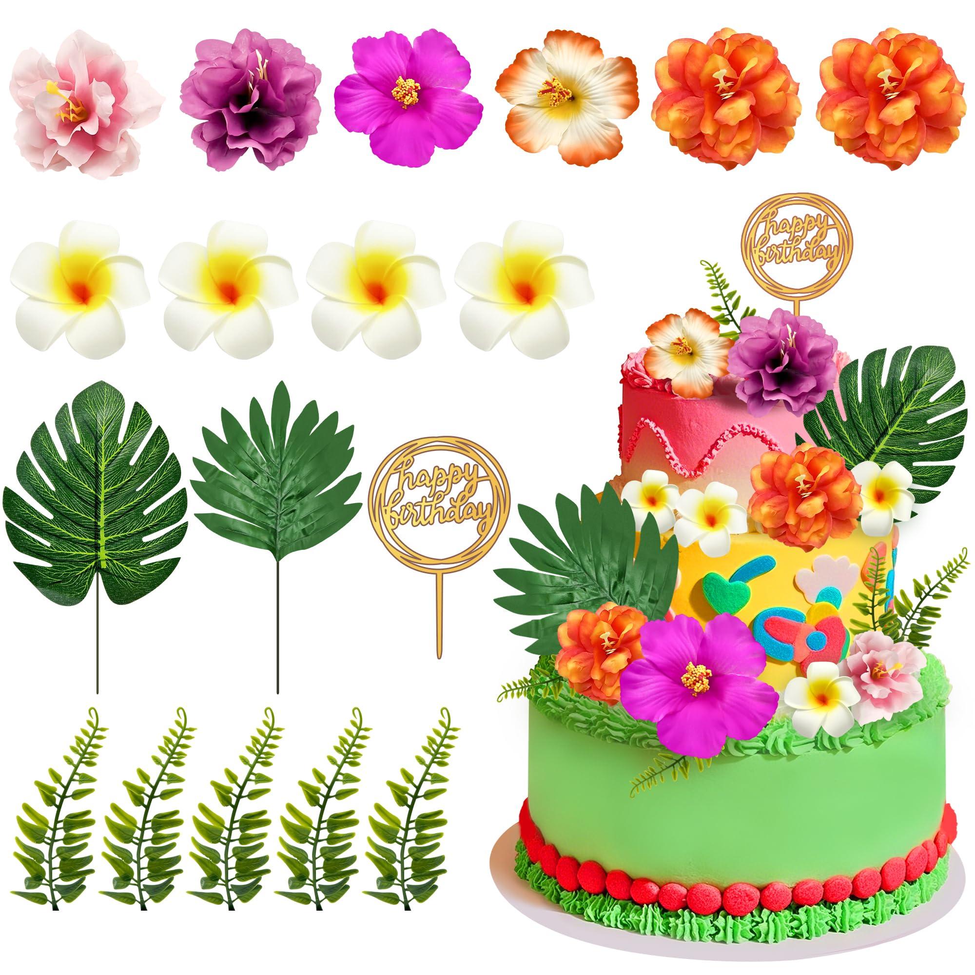 Firleayo 18pcs Hawaiian Flowers Cake Decorations Tropical Themed Cake Toppers Summer Flower Cupcake Topper with Palm Leaves Hibiscus Luau Cupcake Topper Aloha Beach Decor for Birthday Party Supplies