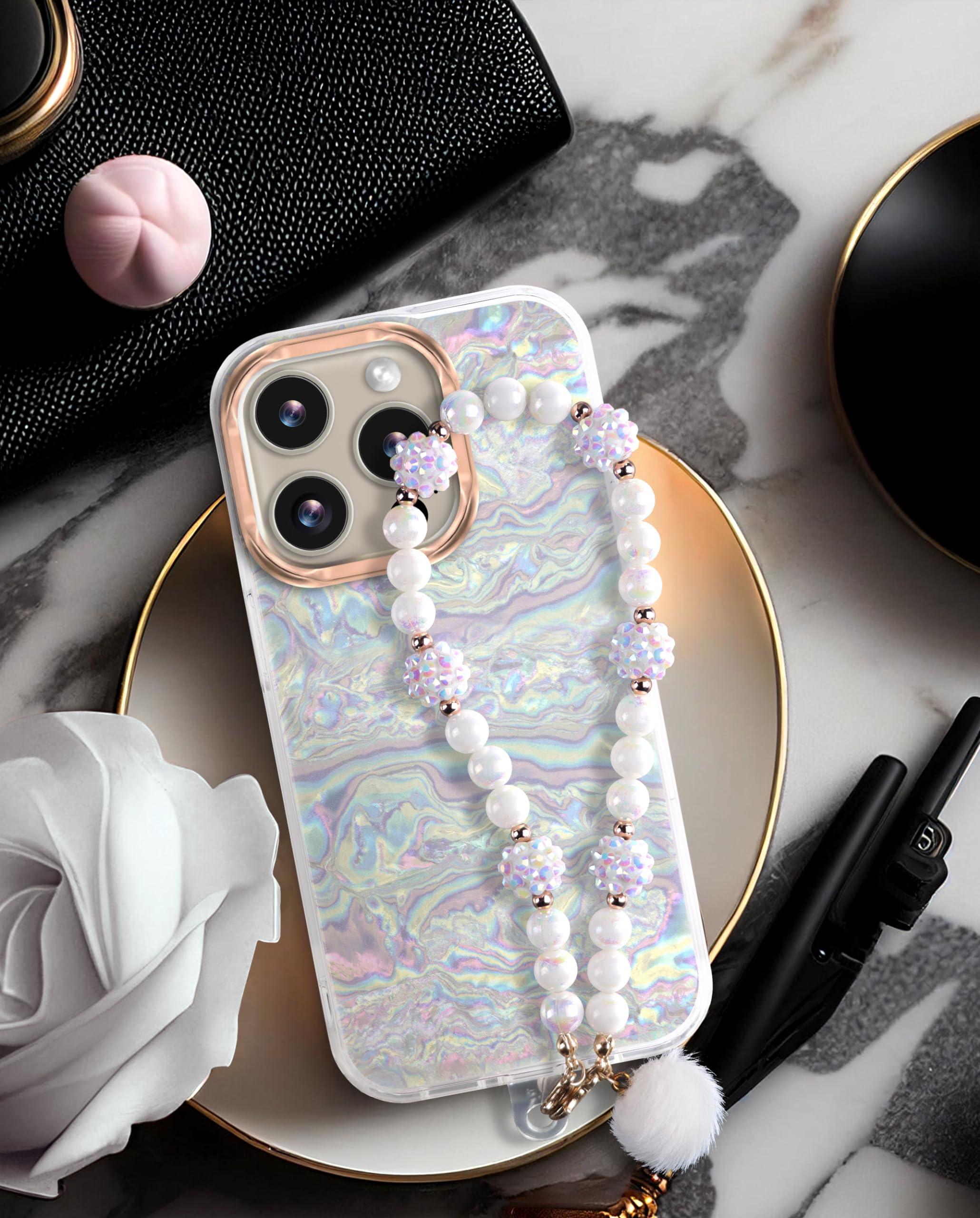 Compatible with iPhone 16 Pro Max Case for Women Girls, Slim Fit Glitter Cute Phone Case for iPhone 16 Pro Max with Pearl Phone Charm Lanyard Wrist Strap, Hard Protective Case 6.7 Inch Shiny White - Image 8