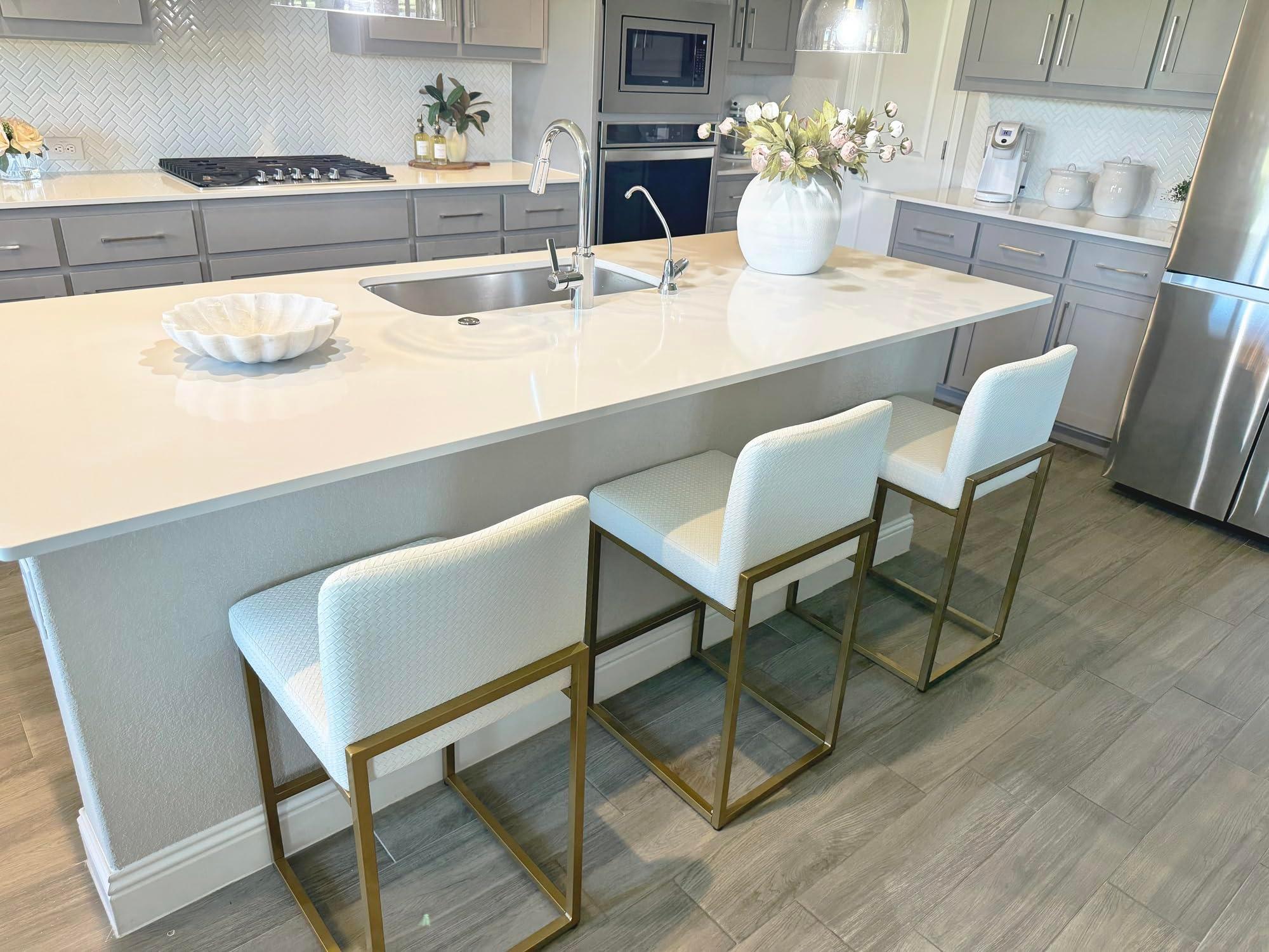 PHI VILLA Bar Stools Set of 3 - Counter Height Bar Stool Leather Stools for Kitchen Counter, White and Gold Bar Stools with Back - Image 3