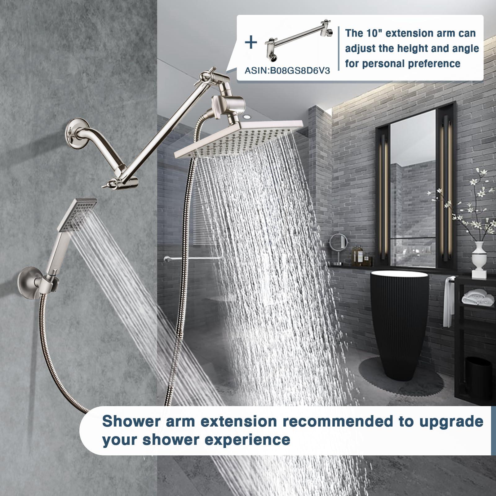 BRIGHT SHOWERS Rain Shower Head with Handheld Spray, 8 Inch Rainfall Shower Head Combo with 60" Hose, Adjustable Dual Square Showerhead Set with 3-Way Diverter, Wall Bracket, Brushed Nickel - Image 6