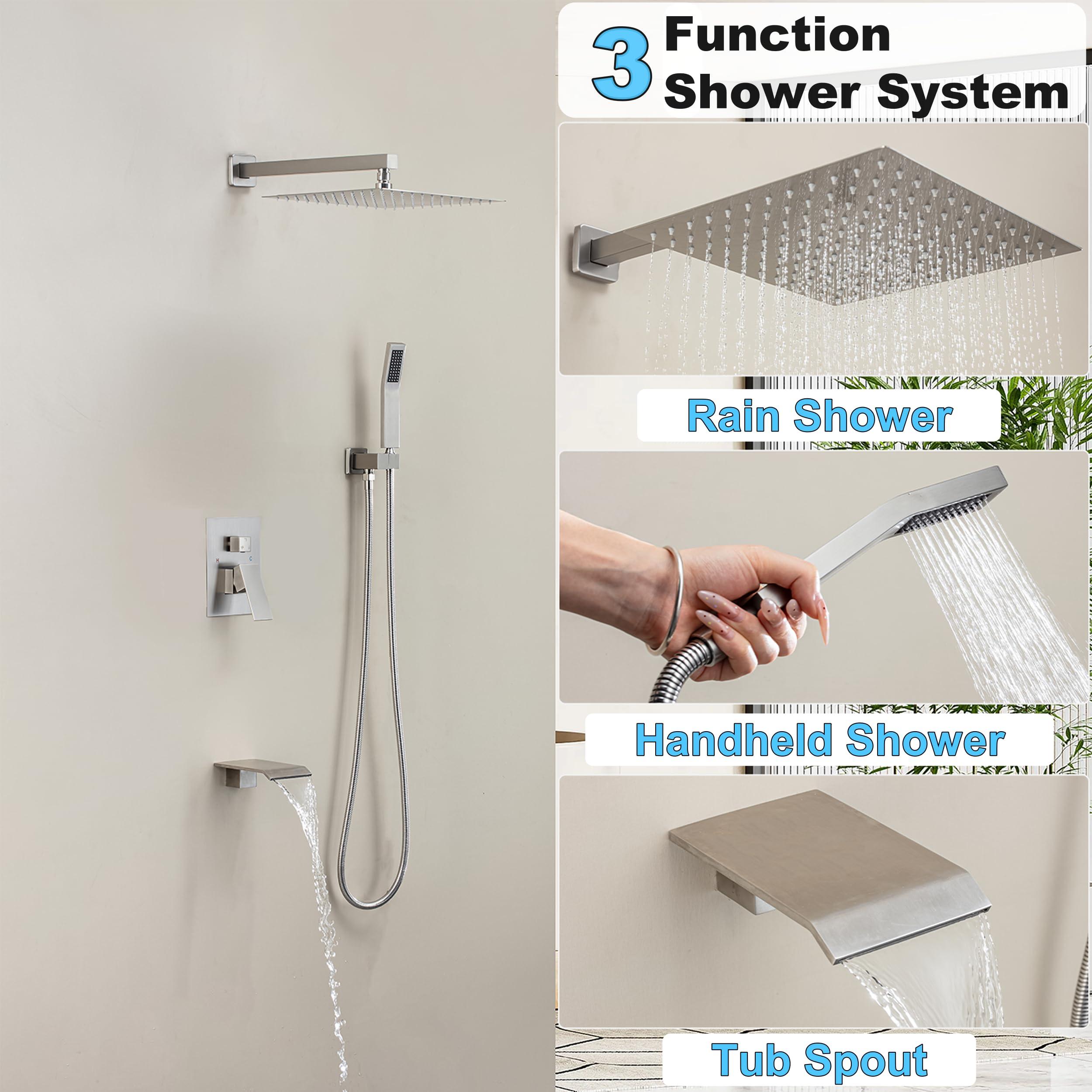 Fatspas Shower System with Tub Spout, Wall Mounted Shower Faucet Set for Bathroom with 12 Inch Rain Shower Head and Handheld Shower Head Set, Brushed Nickel - Image 8