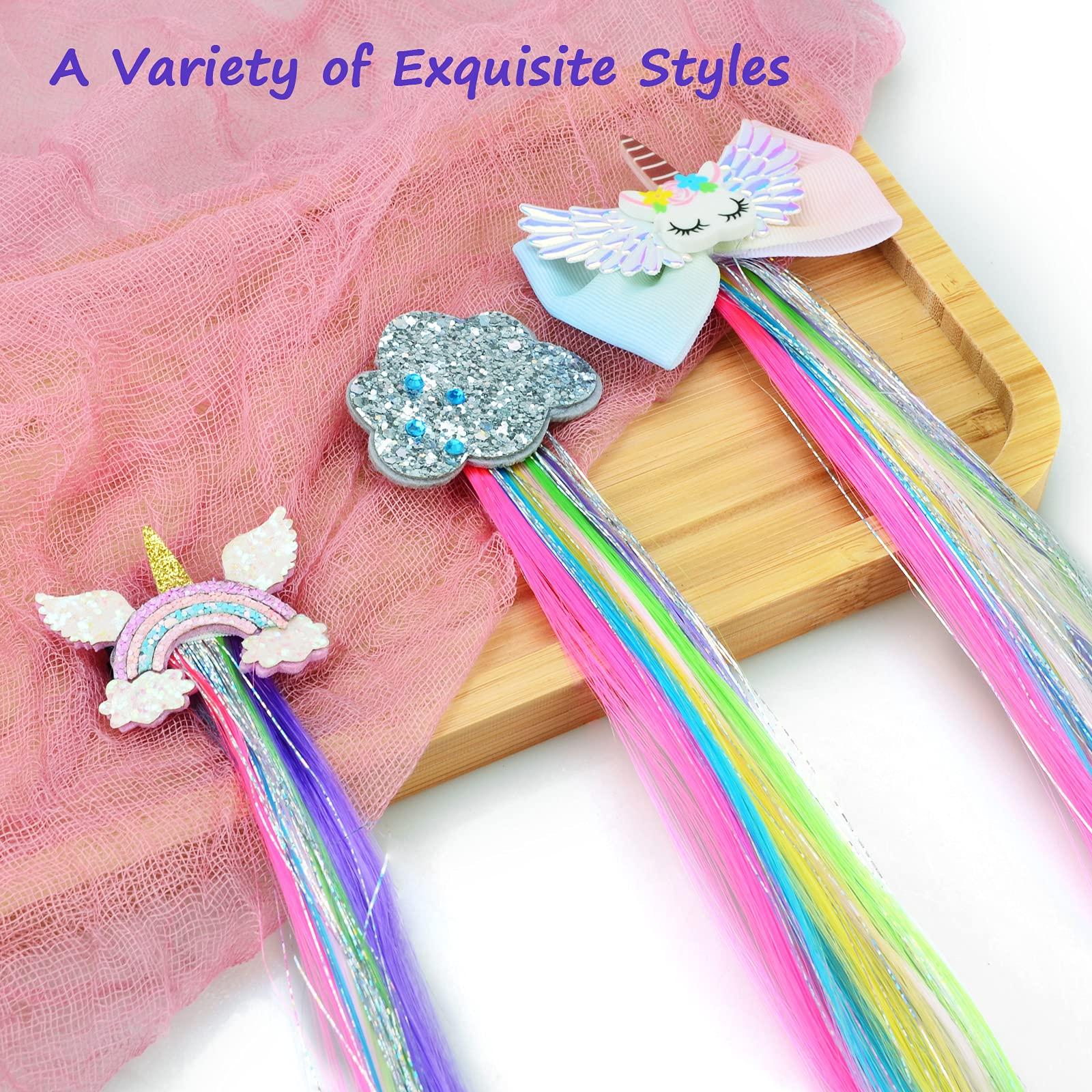 Little World Hair Clips for Girls, 6 Pcs Rainbow Hair Extensions, Unicorn Hair Clips for Girls Toddler Kids Ponytails, Hand-made Cute Glitter Hair Accessories - Image 3