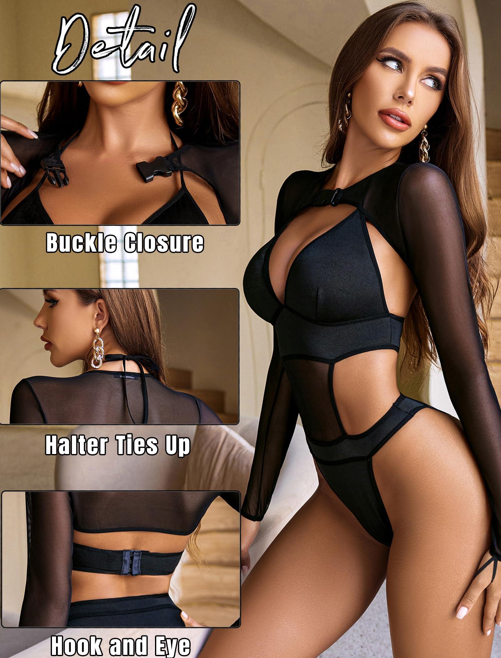 Avidlove Rave Outfits for Women Festival Sexy Lingerie Bodysuit Buckle Shrug Crop Top Set - Image 3