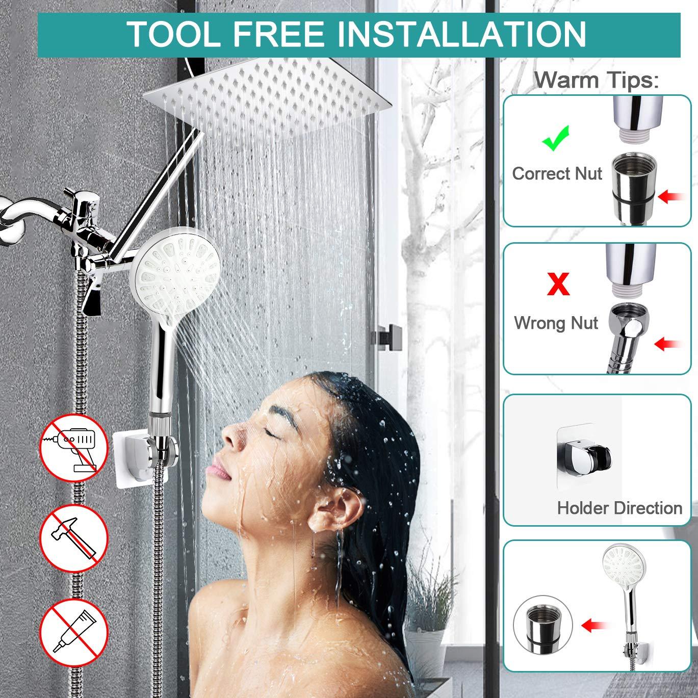 Shower Head, 8 Inch High Pressure Rainfall Shower Head/Handheld Shower Combo with 11 Inch Extension Arm, 9 Settings Adjustable Anti-leak Shower Head with Holder/Hose, Height/Angle Adjustable - Image 3