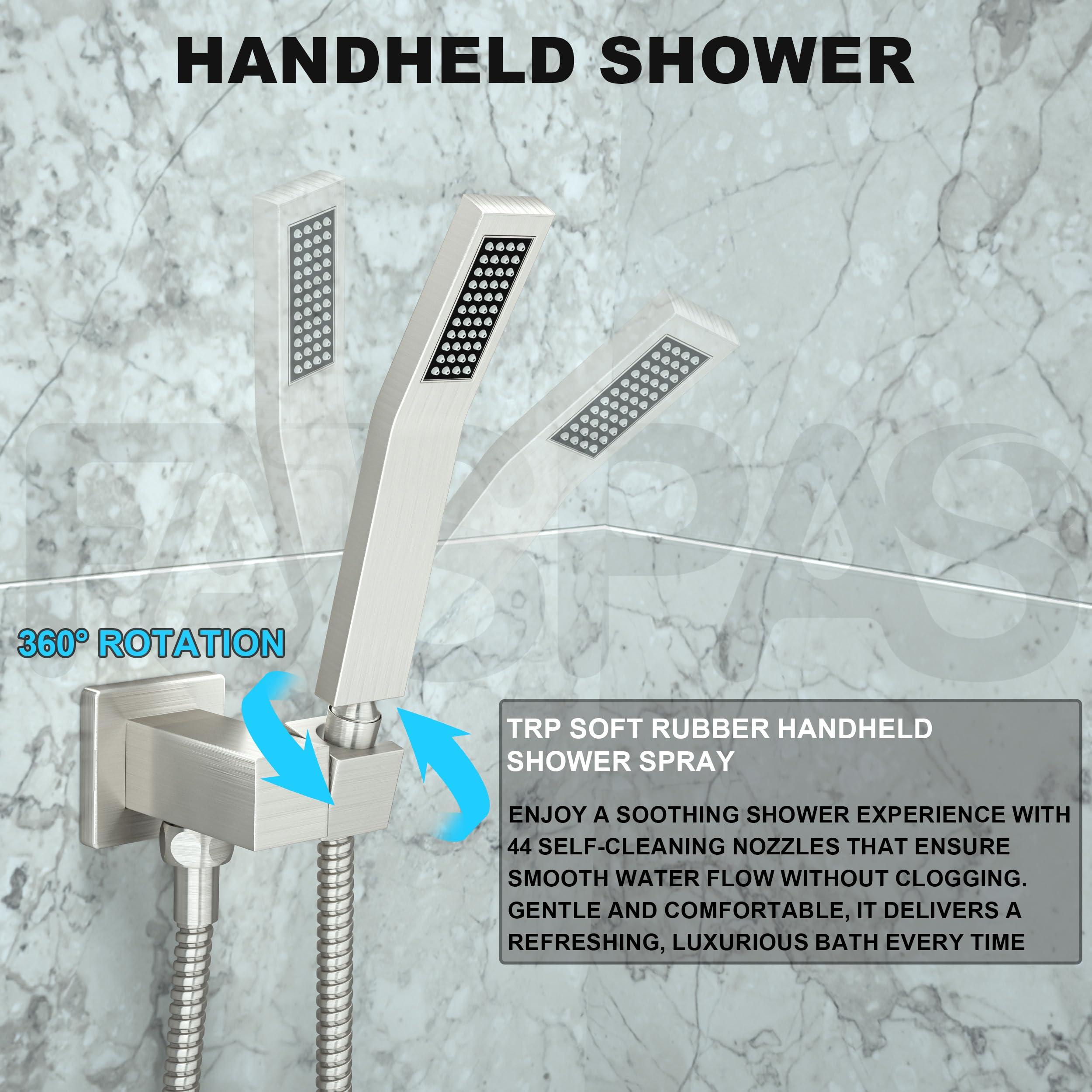Fatspas Shower System with Tub Spout, Wall Mounted Shower Faucet Set for Bathroom with 12 Inch Rain Shower Head and Handheld Shower Head Set, Brushed Nickel - Image 4